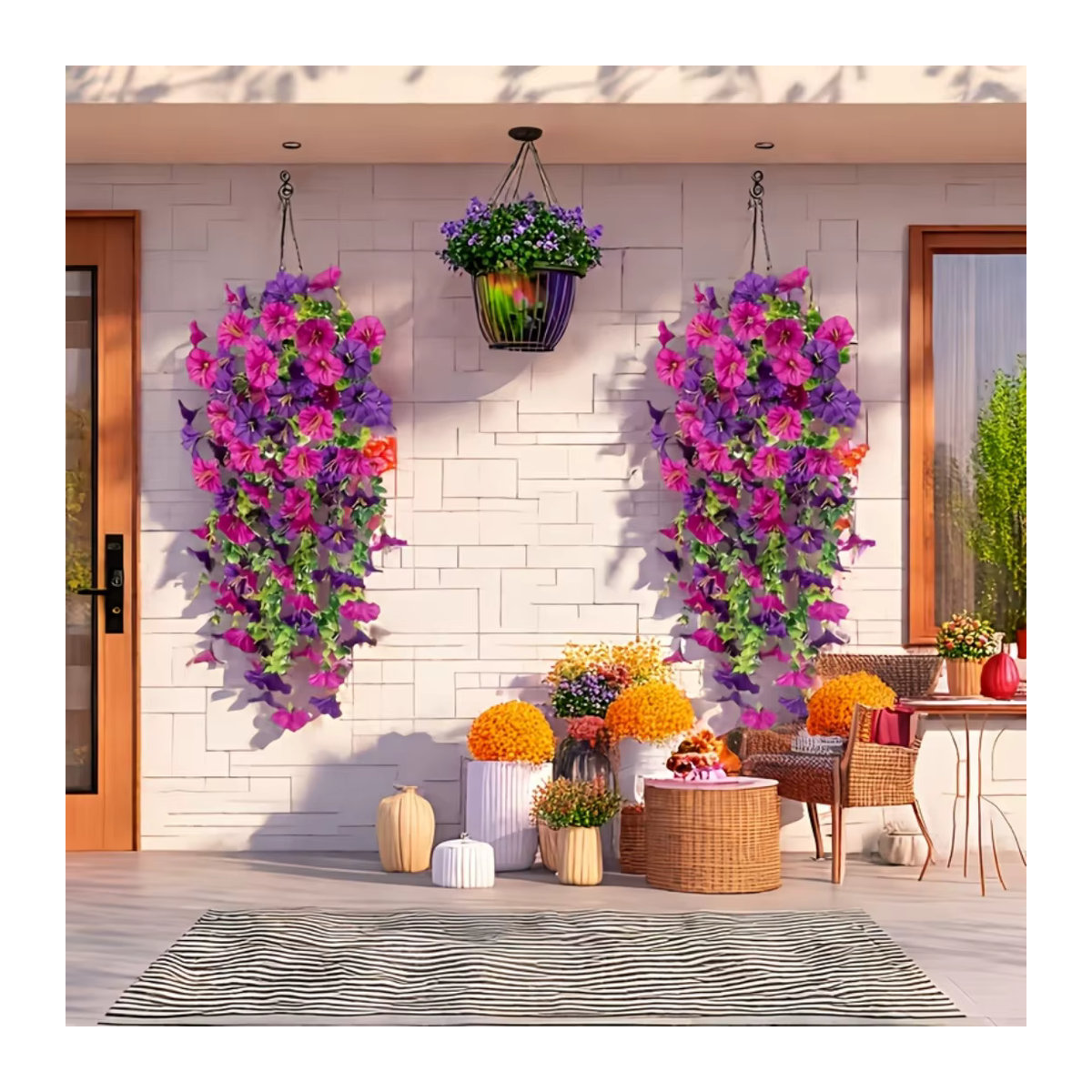 2 Stück künstliche Hängeblumen aus Rattan in Rot und Mehrfarbig, UV-beständige hängende Pflanzen für Garten, Hochzeit und Outdoor-Dekoration - Bild 2