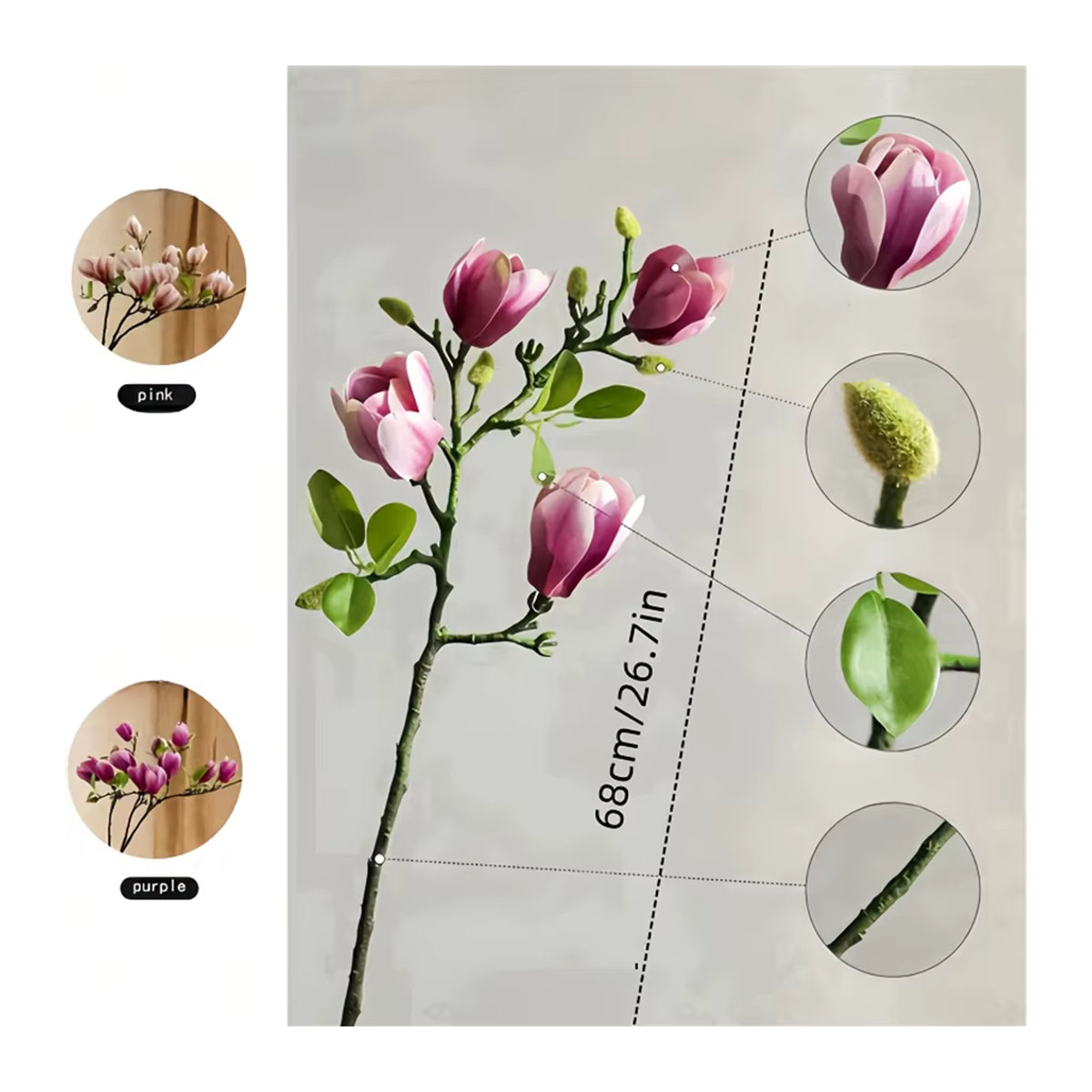 2 Stück künstliche Magnolienblüten in Lila und Weiß als florale Desktop-Dekoration - Bild 2
