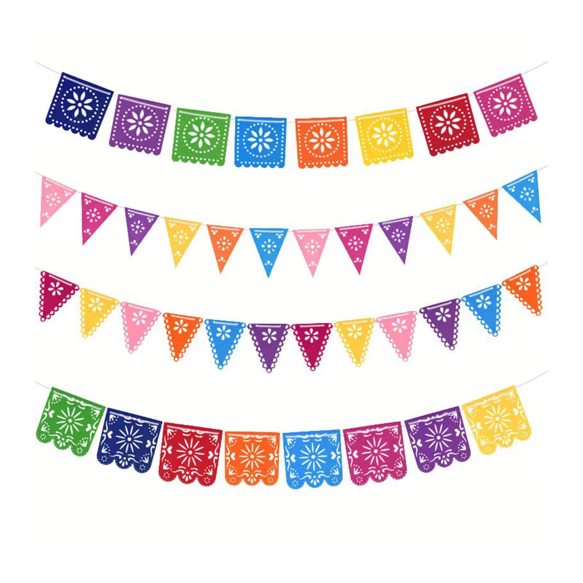 2 Stück mexikanische Papel-Picado-Wimpel aus Filz in Mehrfarbig für Cinco De Mayo und Tag der Toten, buntes Fiesta-Party-Zubehör mit Blumen- und geometrischen Mustern - Bild 3