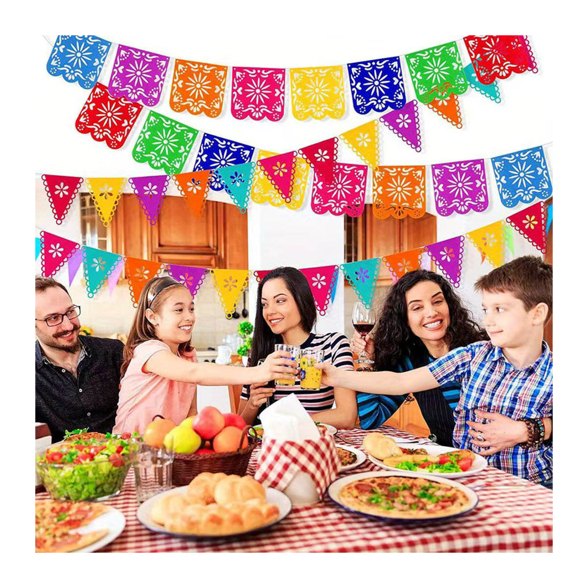 2 Stück mexikanische Papel-Picado-Wimpel aus Filz in Mehrfarbig für Cinco De Mayo und Tag der Toten, buntes Fiesta-Party-Zubehör mit Blumen- und geometrischen Mustern - Bild 4