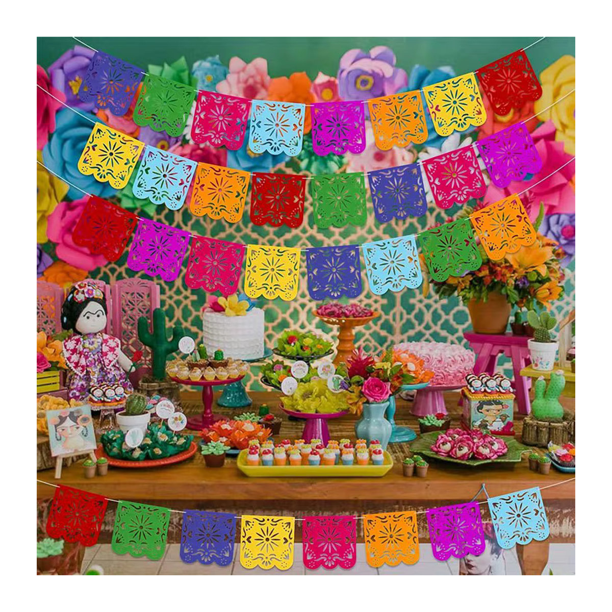 2 Stück mexikanische Papel-Picado-Wimpel aus Filz in Mehrfarbig für Cinco De Mayo und Tag der Toten, buntes Fiesta-Party-Zubehör mit Blumen- und geometrischen Mustern - Bild 5