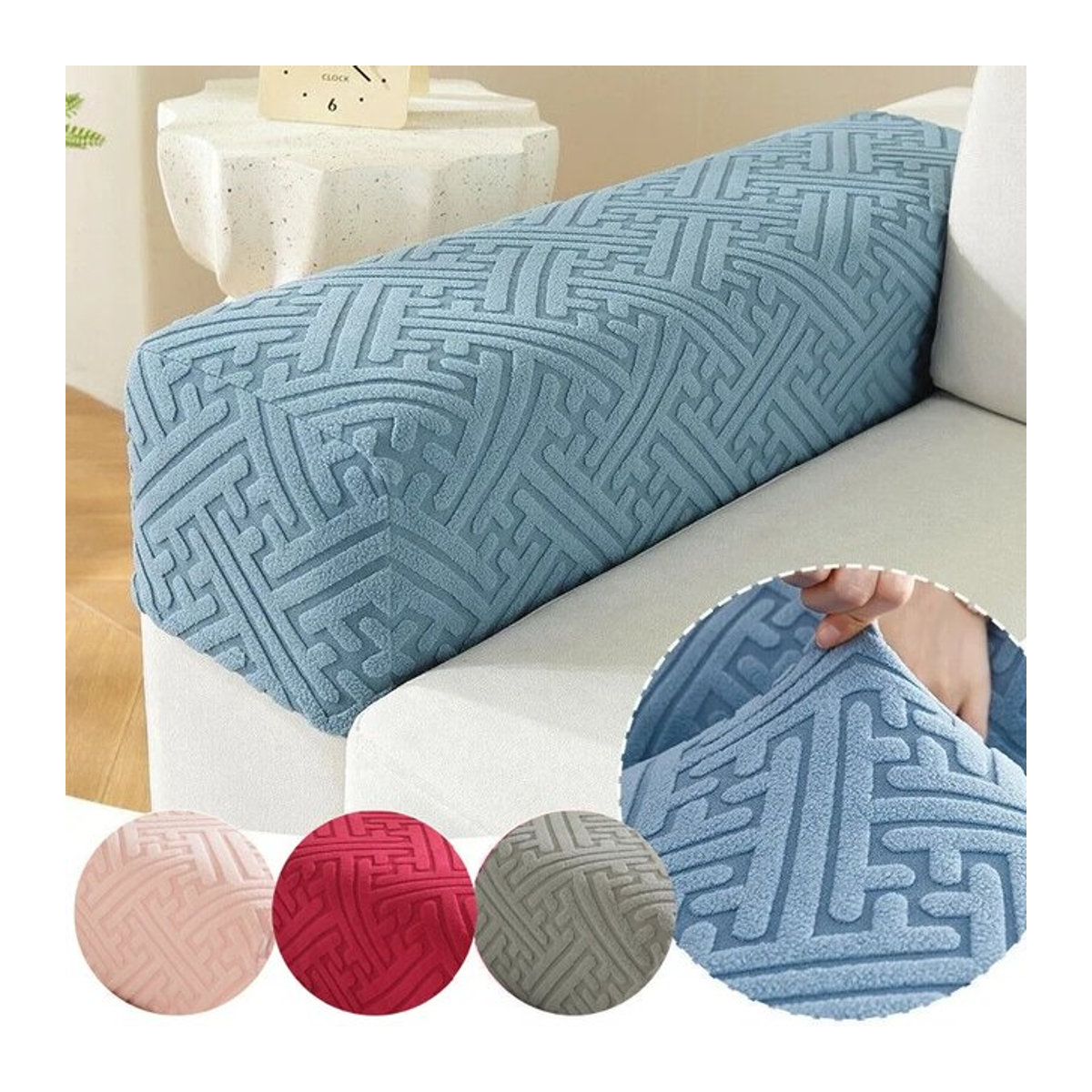 2 Stück rutschfeste Jacquard Armlehnenbezüge für Sofa und Stuhl, dehnbare Stretch-Passform, B/T: 76 x 25 cm, Weiß und Blau - Bild 1