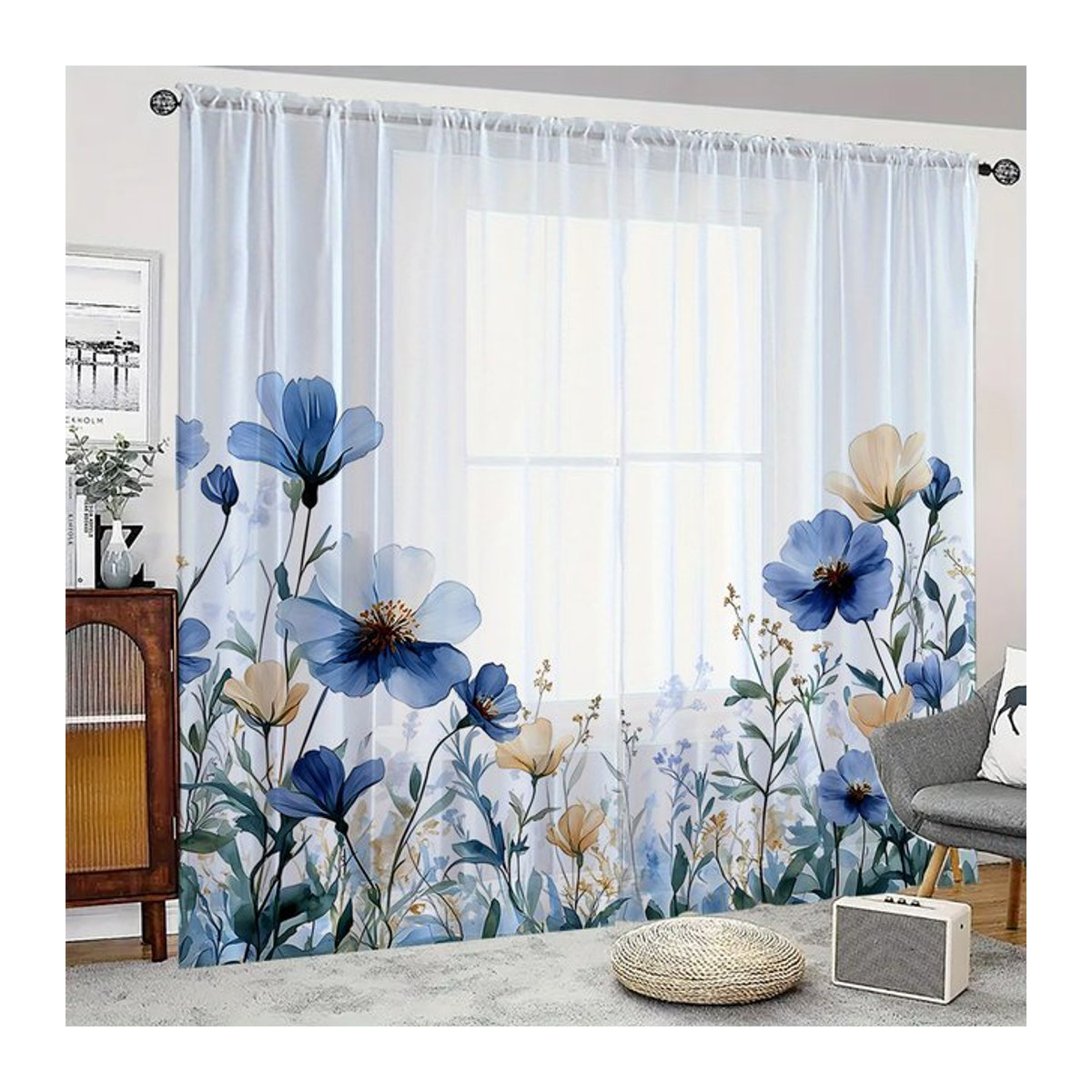 2-teiliger transparenter Fenstervorhang mit blauem Blumenmuster in Blau und Weiß zur Dekoration deines Wohnzimmers - Bild 1