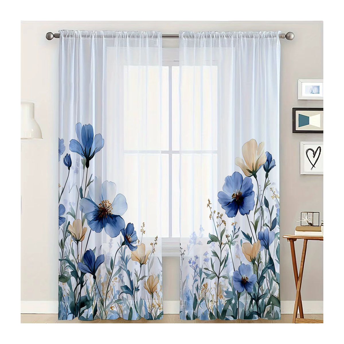 2-teiliger transparenter Fenstervorhang mit blauem Blumenmuster in Blau und Weiß zur Dekoration deines Wohnzimmers - Bild 2