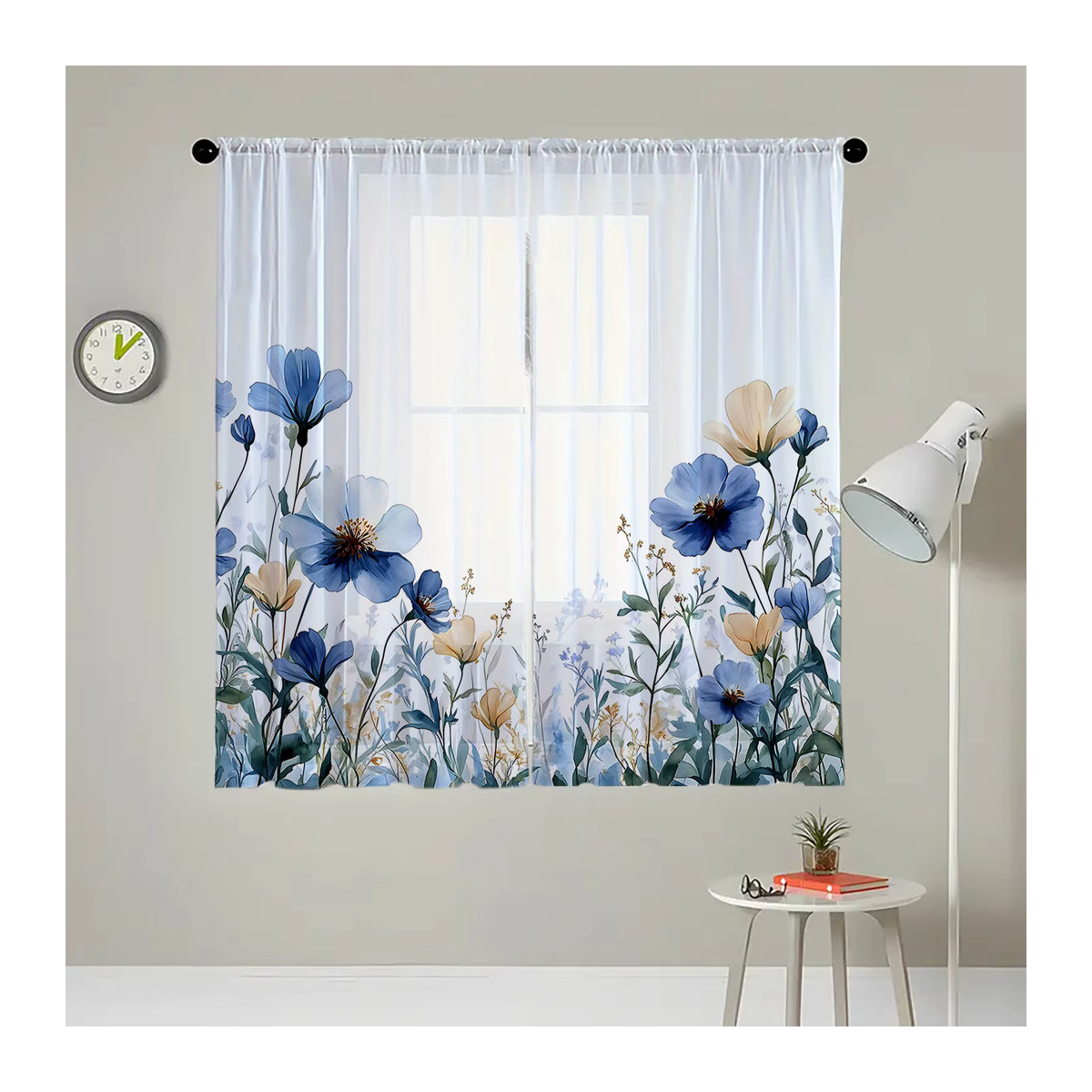 2-teiliger transparenter Fenstervorhang mit blauem Blumenmuster in Blau und Weiß zur Dekoration deines Wohnzimmers - Bild 3