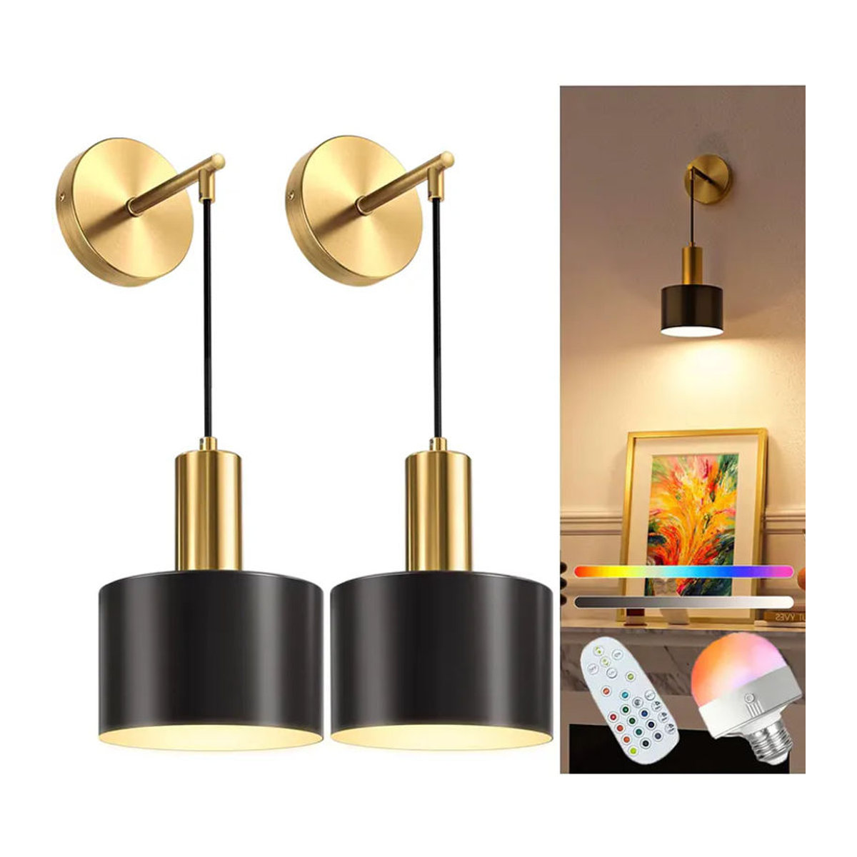 2-teiliges modernes LED-Wandleuchten-Set von ASCELINA aus Metall in Schwarz mit RGB-Fernbedienung für Wohnzimmer und Arbeitszimmer - Bild 7