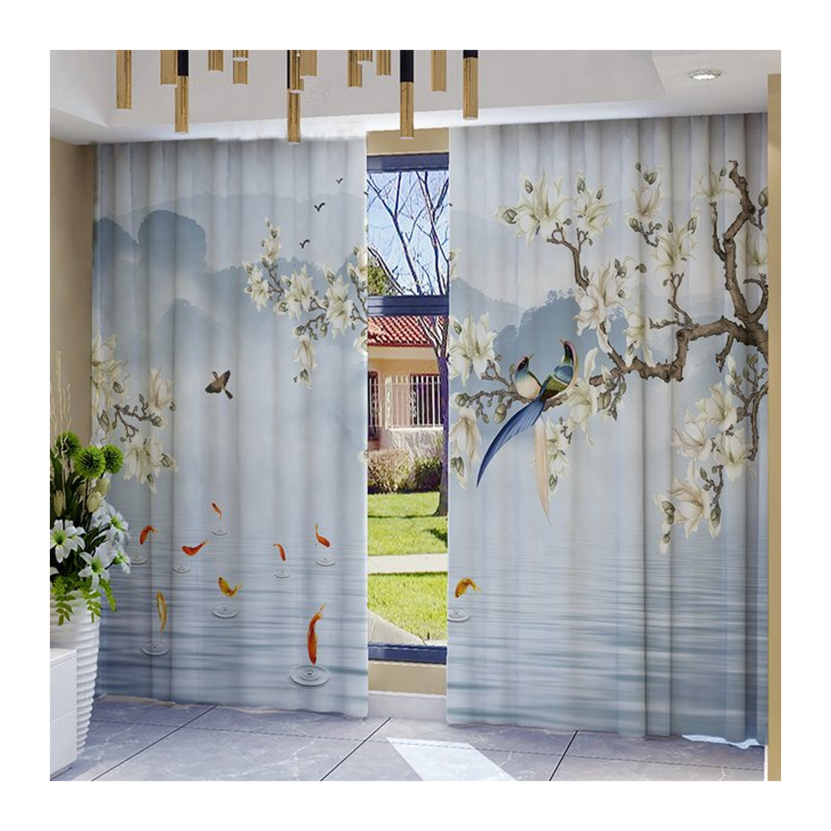 2-teiliges semi-transparentes Vorhang-Set mit Blumen- und Vogelmotiv in Weiß für Wohnzimmer, Küche oder Café - Bild 1
