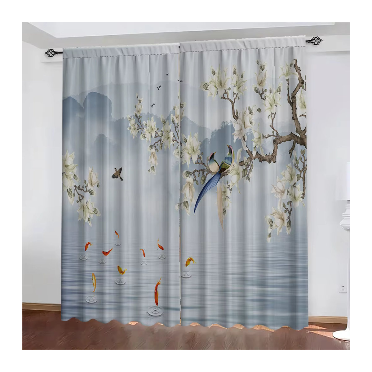 2-teiliges semi-transparentes Vorhang-Set mit Blumen- und Vogelmotiv in Weiß für Wohnzimmer, Küche oder Café - Bild 2