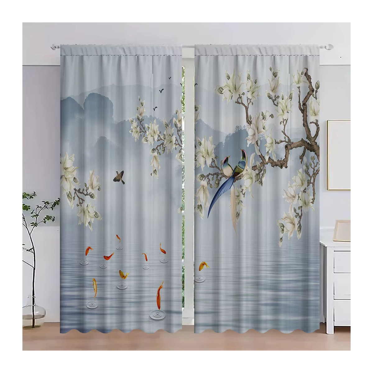 2-teiliges semi-transparentes Vorhang-Set mit Blumen- und Vogelmotiv in Weiß für Wohnzimmer, Küche oder Café - Bild 3