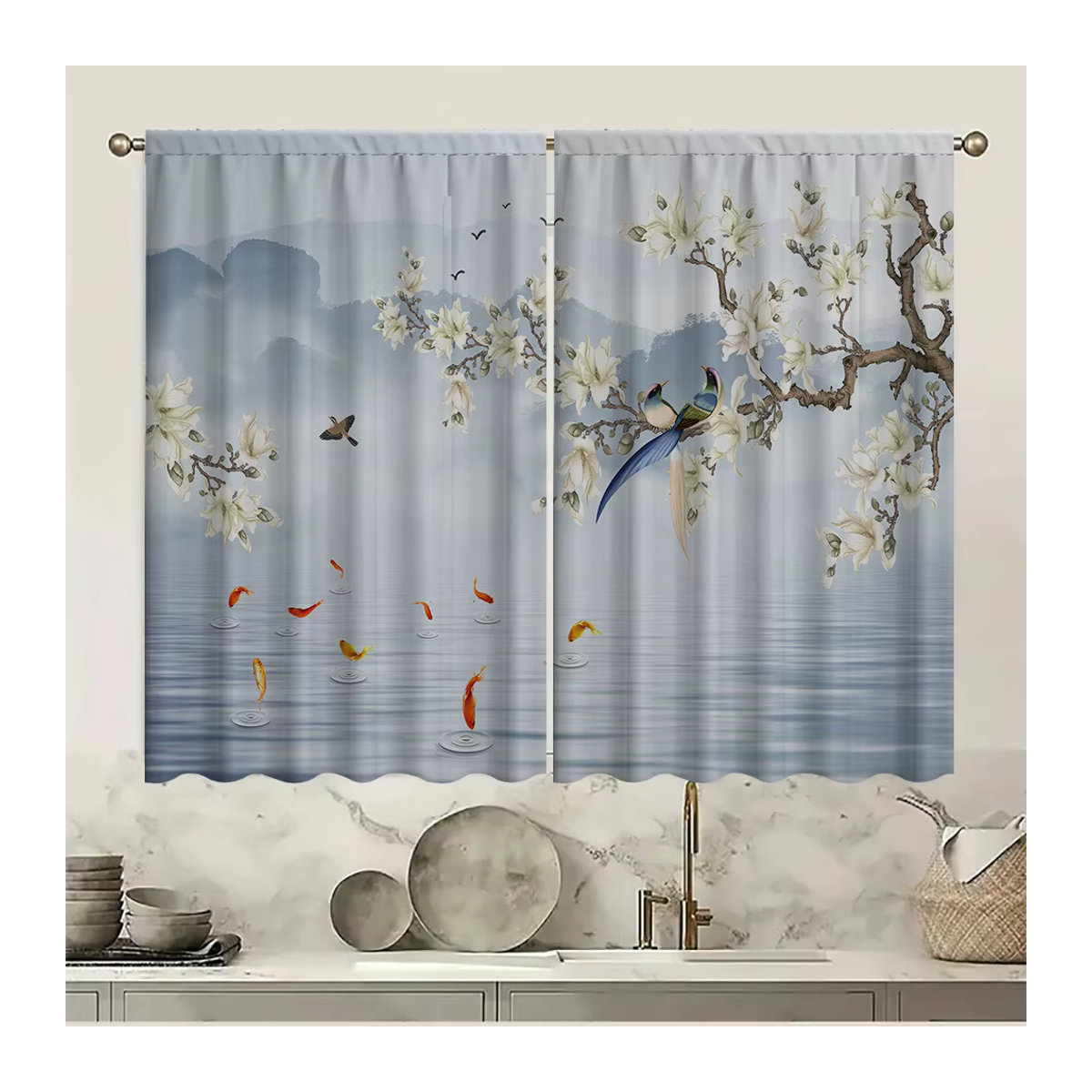 2-teiliges semi-transparentes Vorhang-Set mit Blumen- und Vogelmotiv in Weiß für Wohnzimmer, Küche oder Café - Bild 4