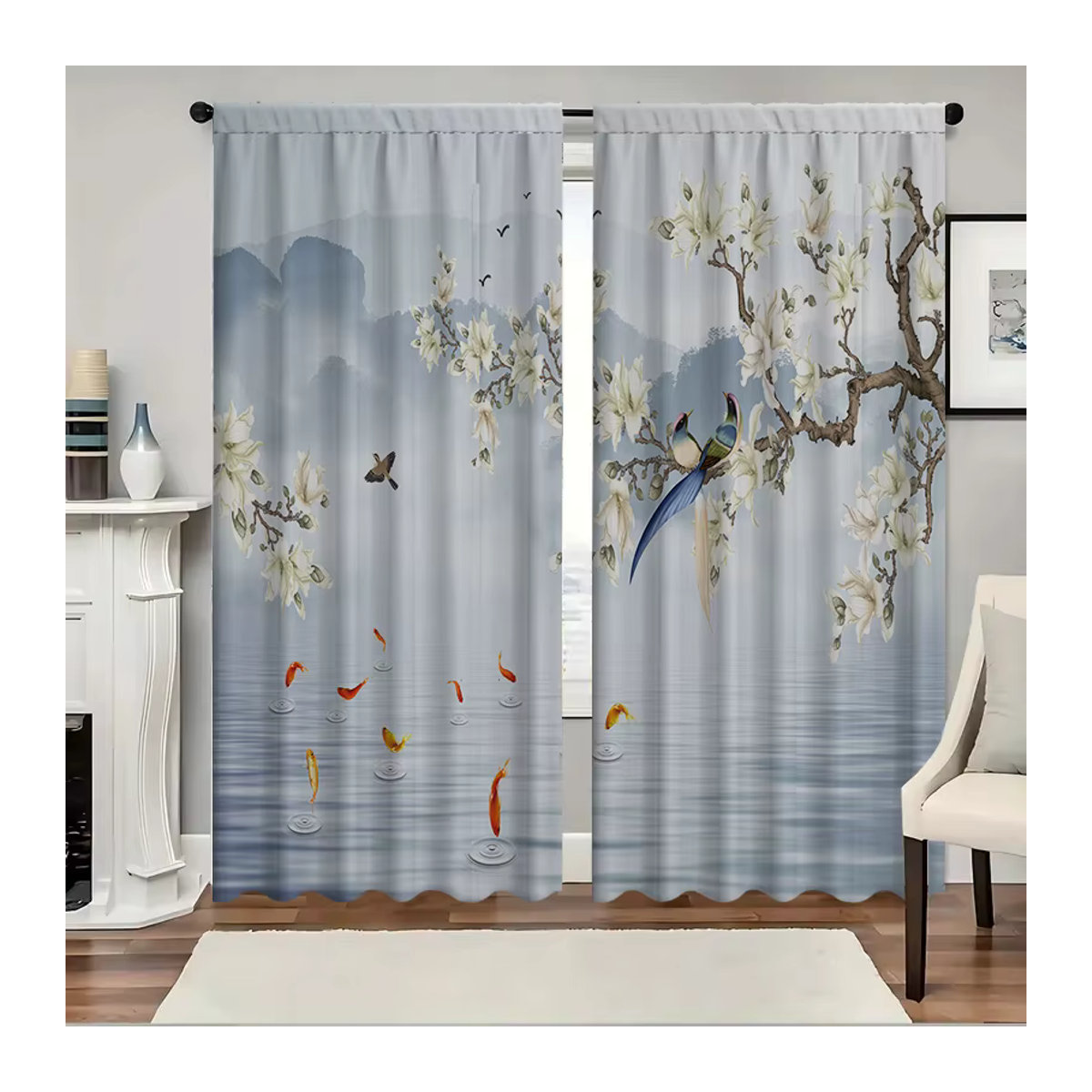 2-teiliges semi-transparentes Vorhang-Set mit Blumen- und Vogelmotiv in Weiß für Wohnzimmer, Küche oder Café - Bild 5