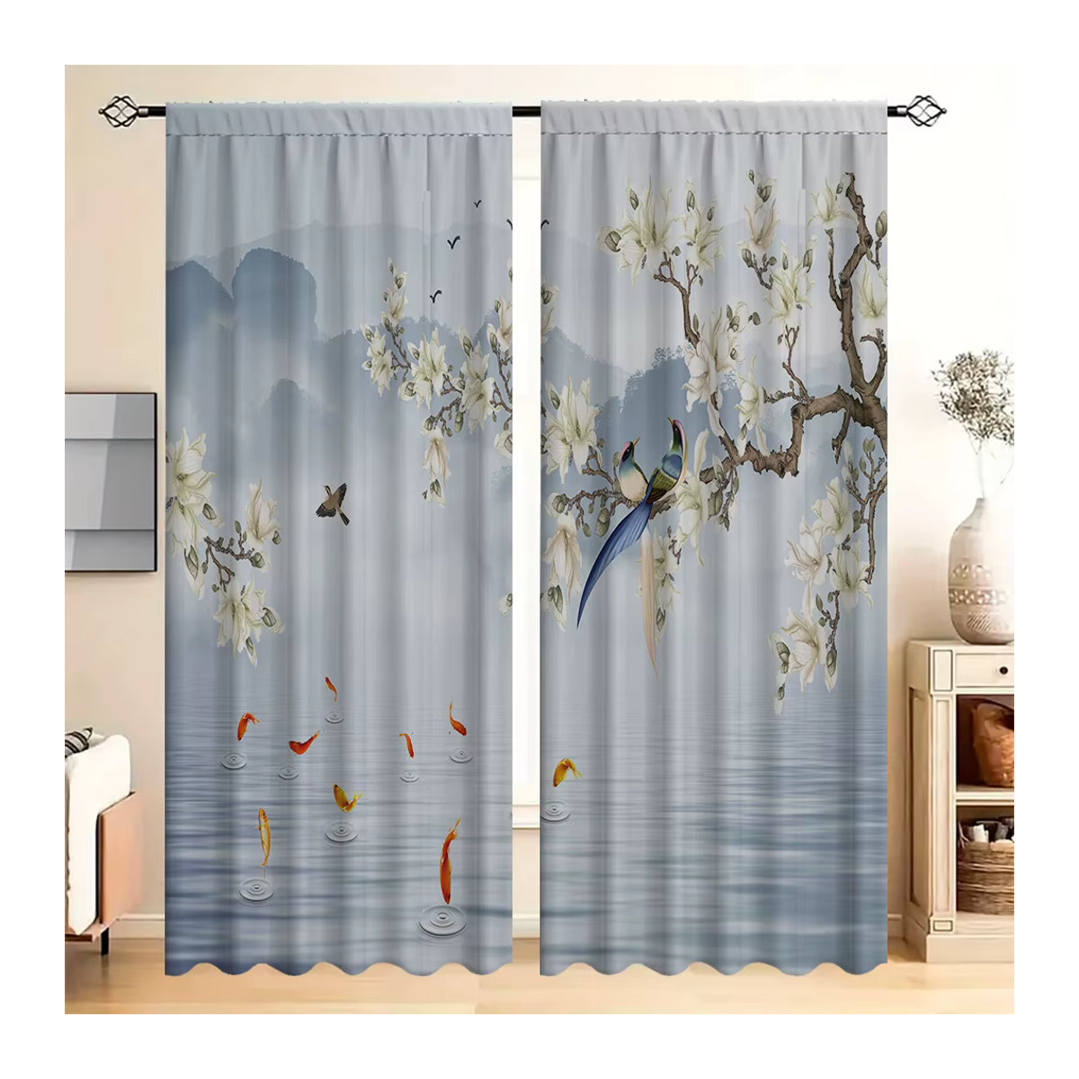 2-teiliges semi-transparentes Vorhang-Set mit Blumen- und Vogelmotiv in Weiß für Wohnzimmer, Küche oder Café - Bild 6
