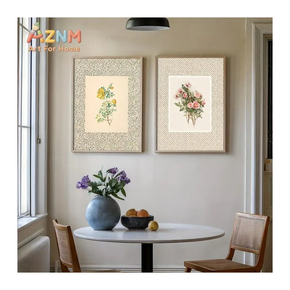 2-teiliges Set AZNM Vintage Blumen-Wandbilder in Rosa, Gelb und Grün aus Papier im französischen Landhausstil - Bild 1