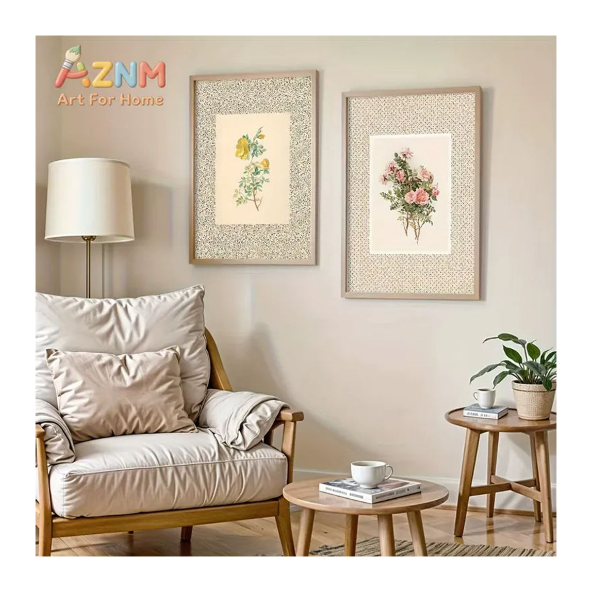 2-teiliges Set AZNM Vintage Blumen-Wandbilder in Rosa, Gelb und Grün aus Papier im französischen Landhausstil - Bild 2