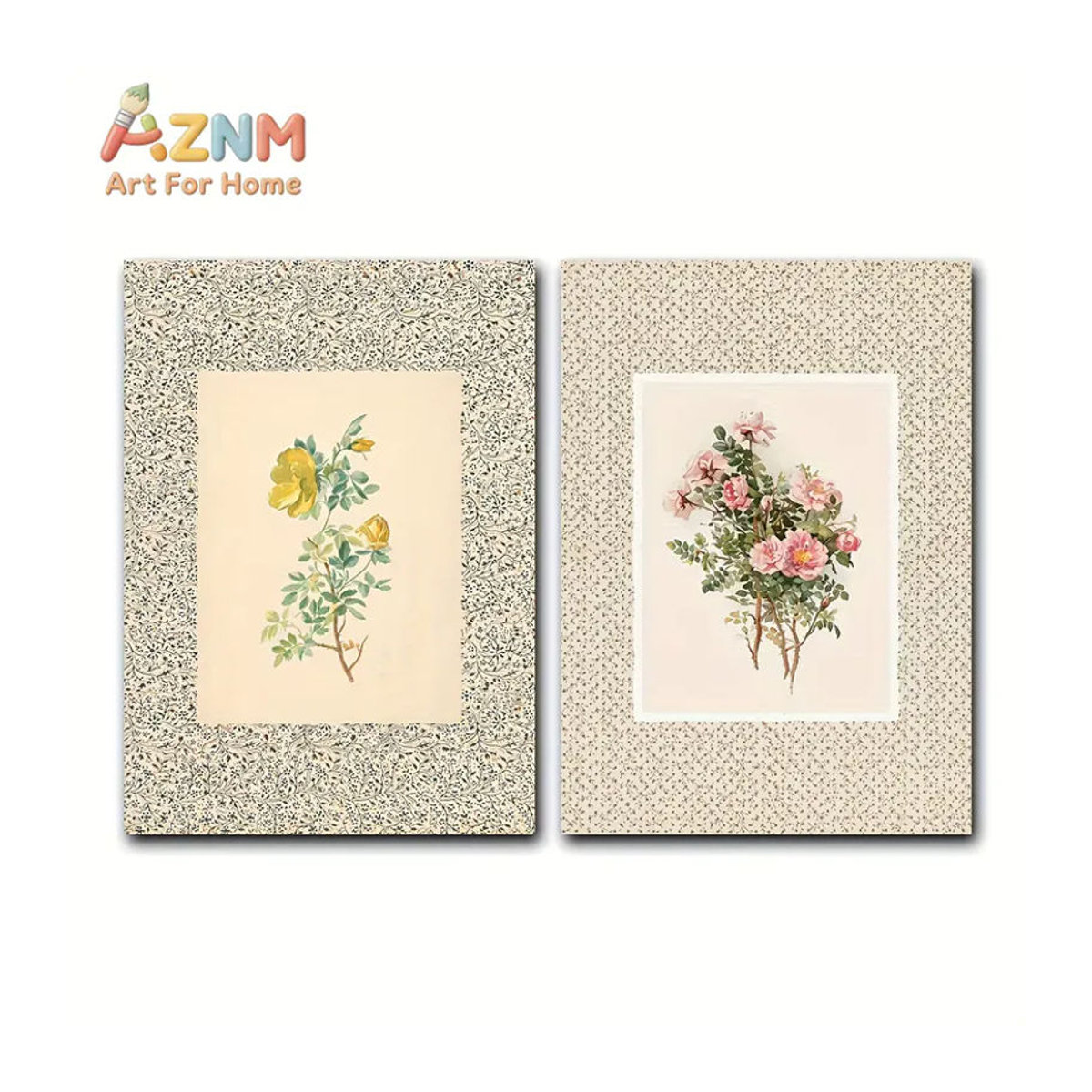 2-teiliges Set AZNM Vintage Blumen-Wandbilder in Rosa, Gelb und Grün aus Papier im französischen Landhausstil - Bild 3