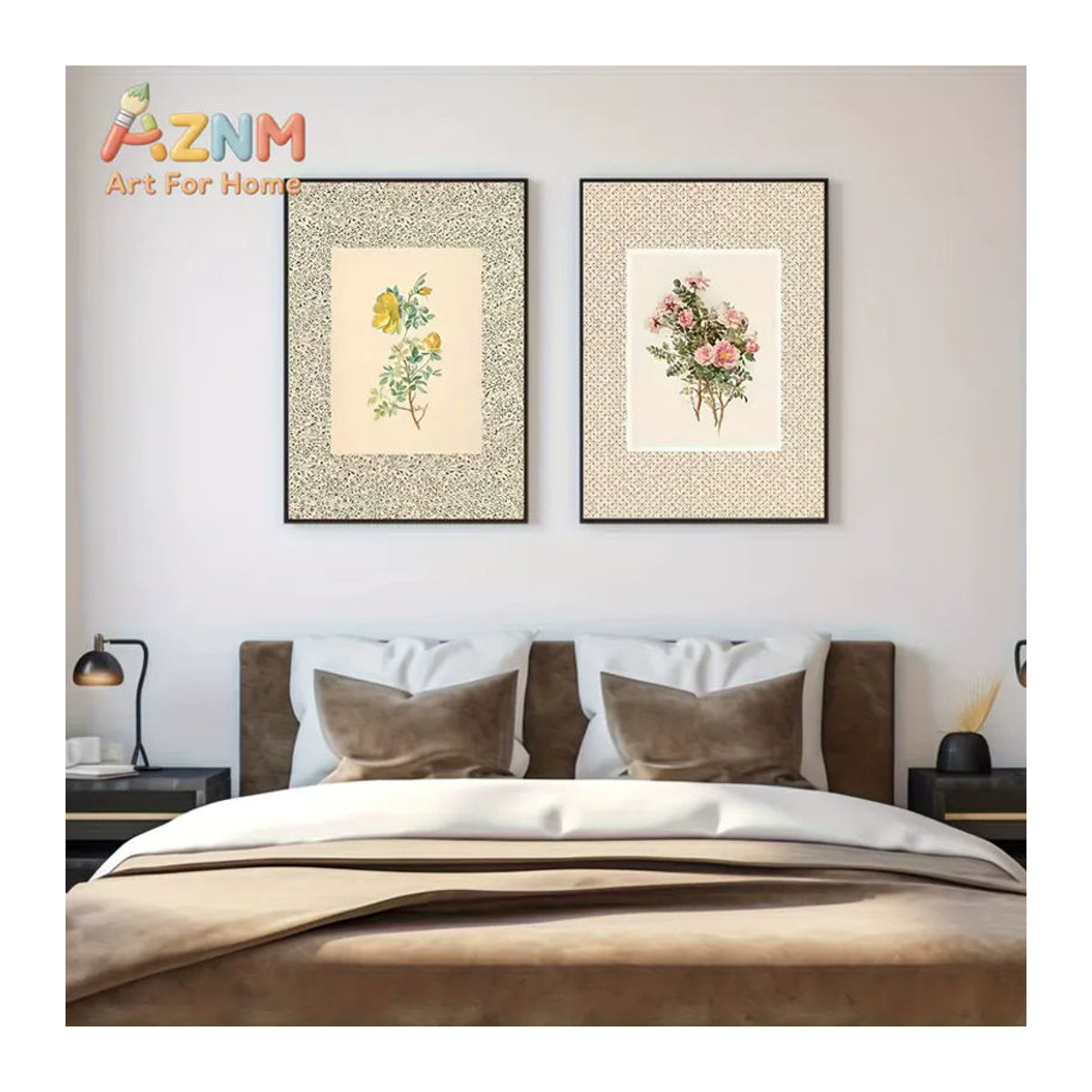 2-teiliges Set AZNM Vintage Blumen-Wandbilder in Rosa, Gelb und Grün aus Papier im französischen Landhausstil - Bild 4