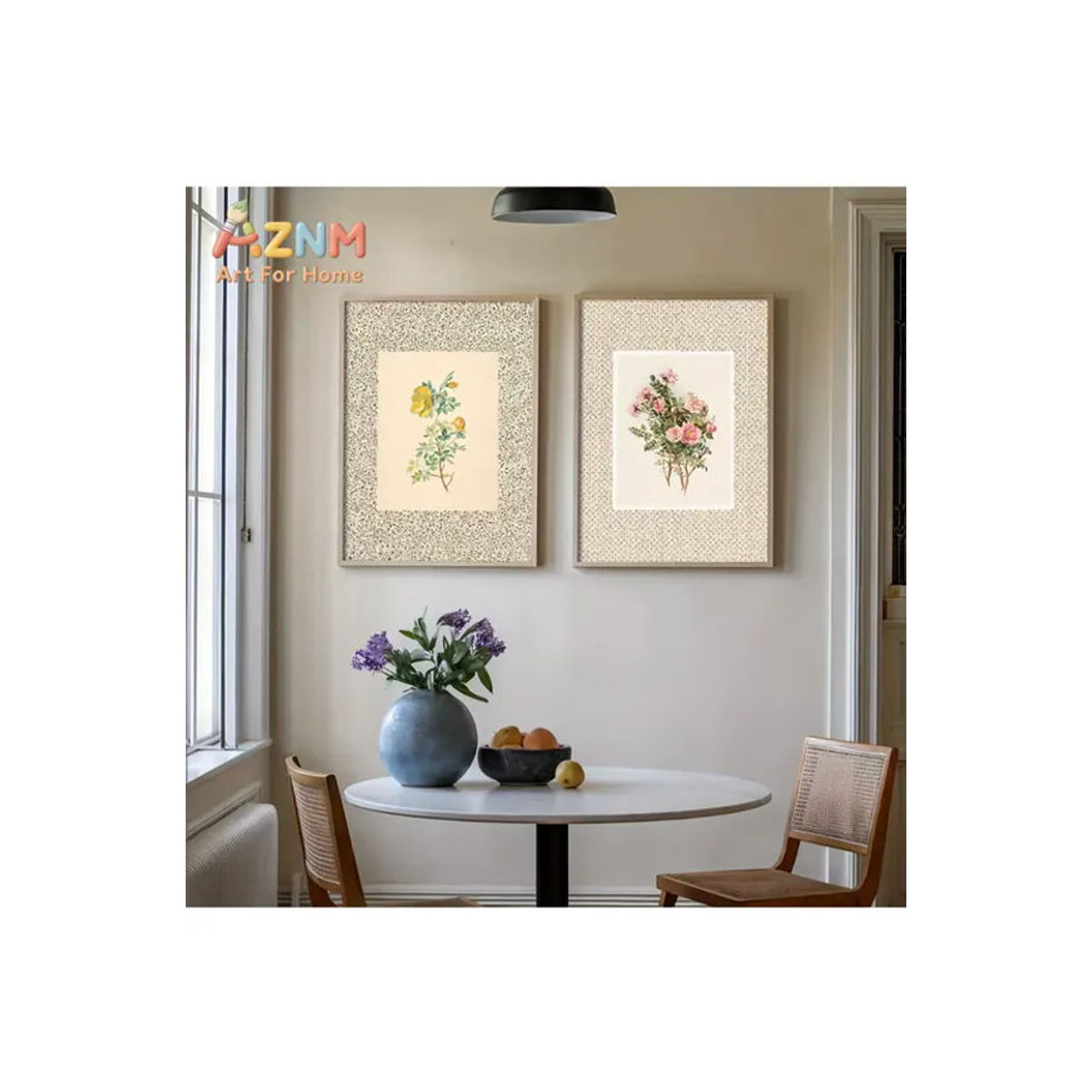 2-teiliges Set AZNM Vintage Blumen-Wandbilder in Rosa, Gelb und Grün aus Papier im französischen Landhausstil - Bild 5