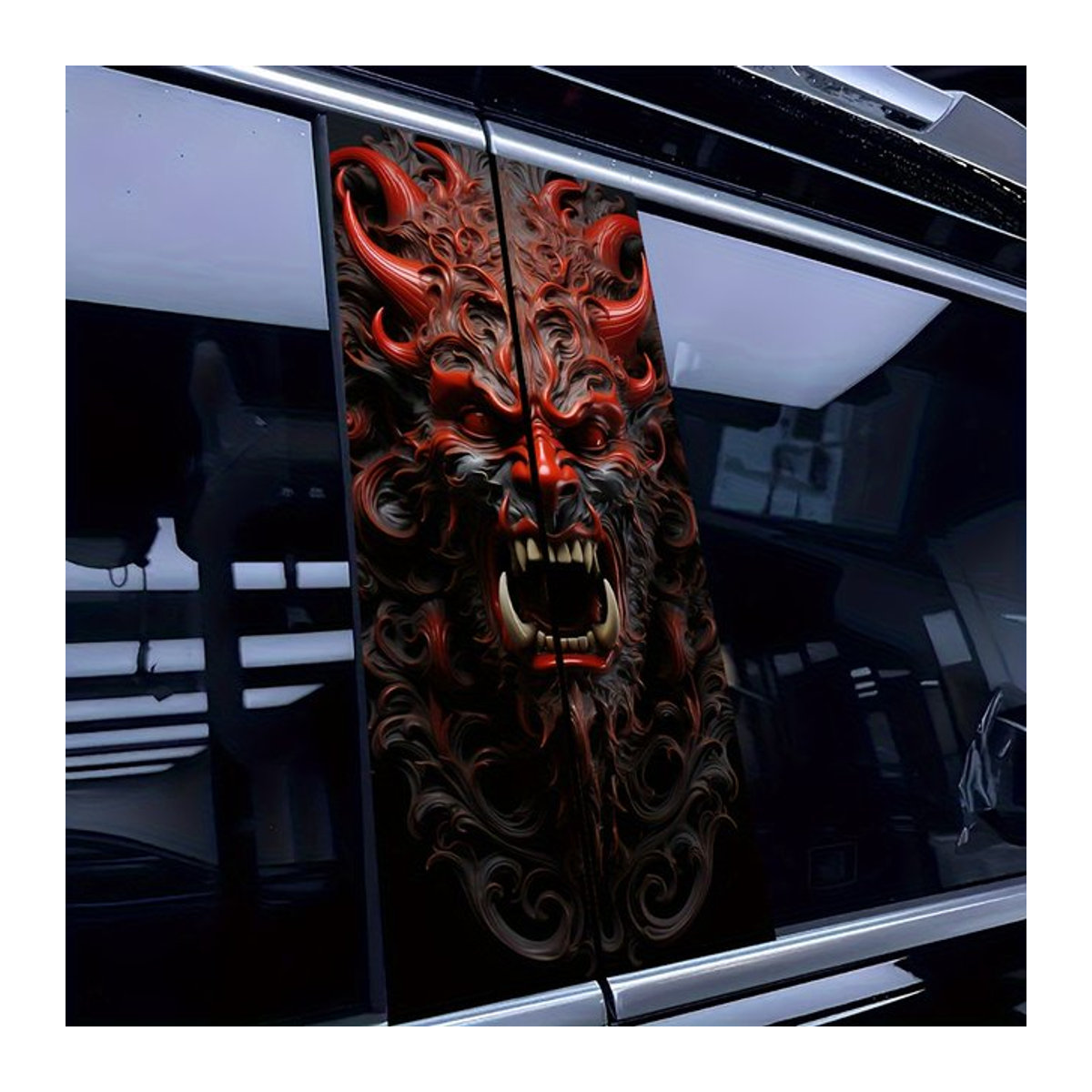 2-teiliges Set selbstklebende Auto-B-Säulen-Aufkleber mit Dämonen- und Tyrannosaurus Rex Motiv in Rot aus Kunststoff mit mattem Finish - Bild 1