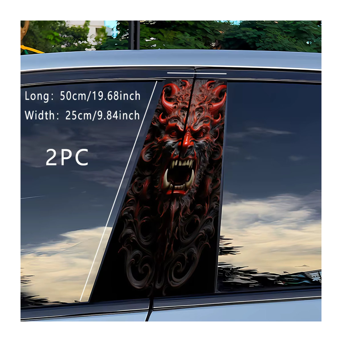 2-teiliges Set selbstklebende Auto-B-Säulen-Aufkleber mit Dämonen- und Tyrannosaurus Rex Motiv in Rot aus Kunststoff mit mattem Finish - Bild 2
