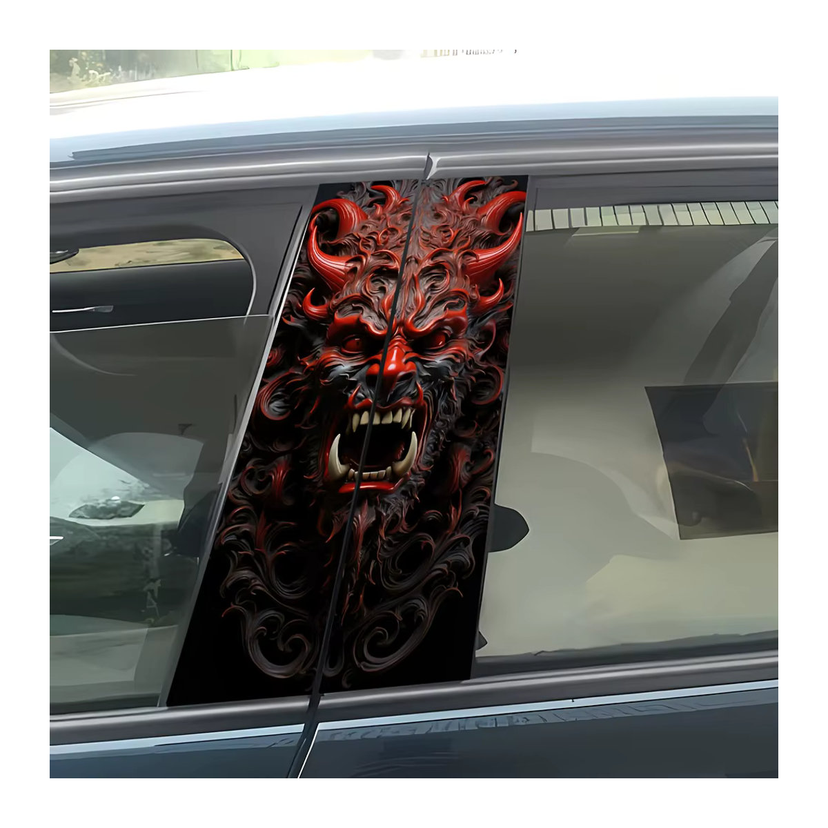 2-teiliges Set selbstklebende Auto-B-Säulen-Aufkleber mit Dämonen- und Tyrannosaurus Rex Motiv in Rot aus Kunststoff mit mattem Finish - Bild 3