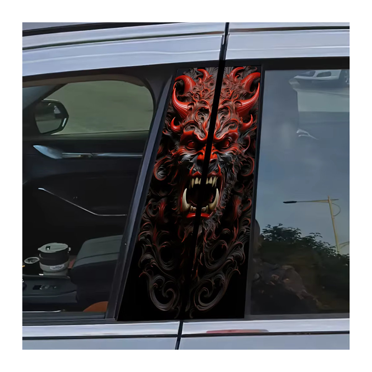 2-teiliges Set selbstklebende Auto-B-Säulen-Aufkleber mit Dämonen- und Tyrannosaurus Rex Motiv in Rot aus Kunststoff mit mattem Finish - Bild 4