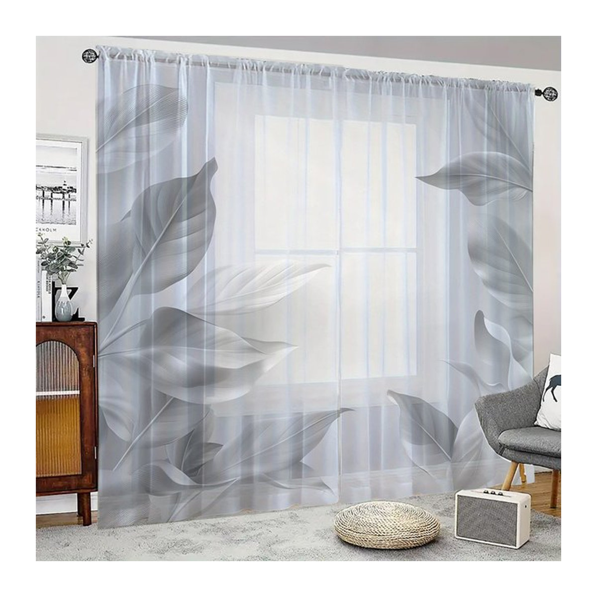 2-teiliges Set Textil-Vorhänge mit grauem Blättermuster, modern und floral, B: 160 cm, H: 132 cm - Bild 1