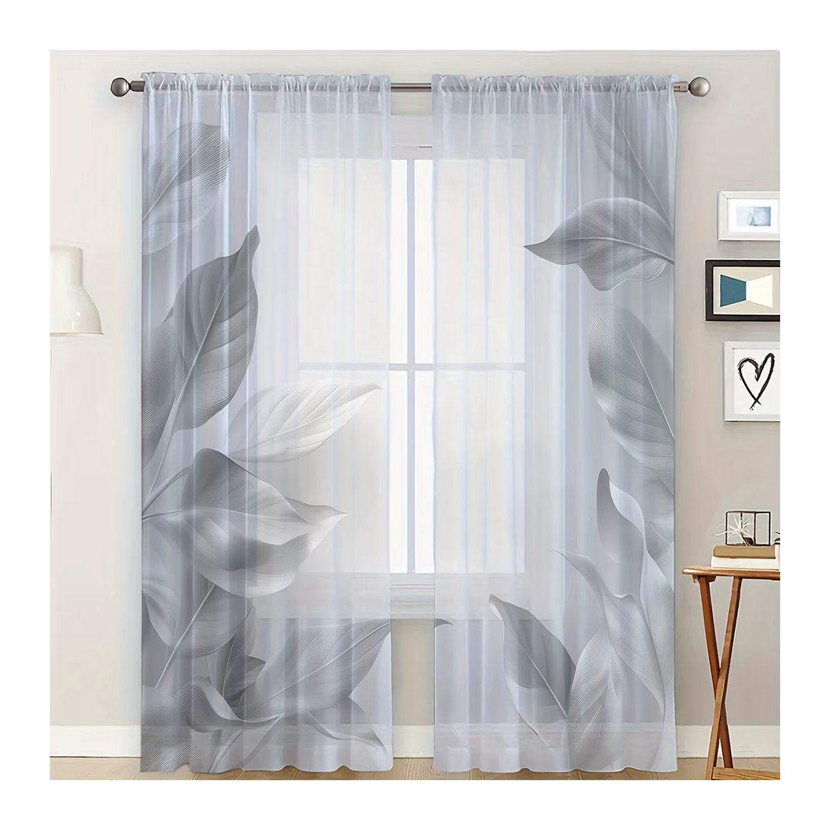 2-teiliges Set Textil-Vorhänge mit grauem Blättermuster, modern und floral, B: 160 cm, H: 132 cm - Bild 2