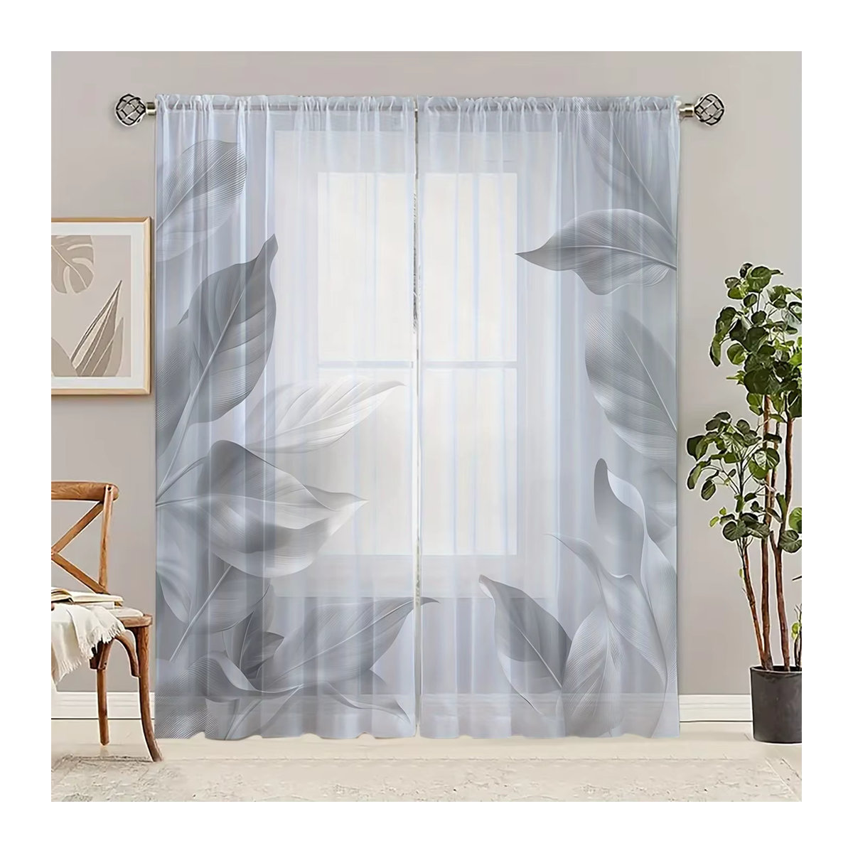 2-teiliges Set Textil-Vorhänge mit grauem Blättermuster, modern und floral, B: 160 cm, H: 132 cm - Bild 3