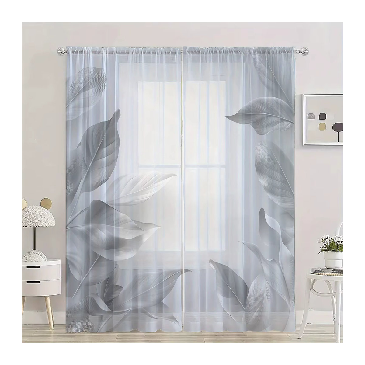 2-teiliges Set Textil-Vorhänge mit grauem Blättermuster, modern und floral, B: 160 cm, H: 132 cm - Bild 4