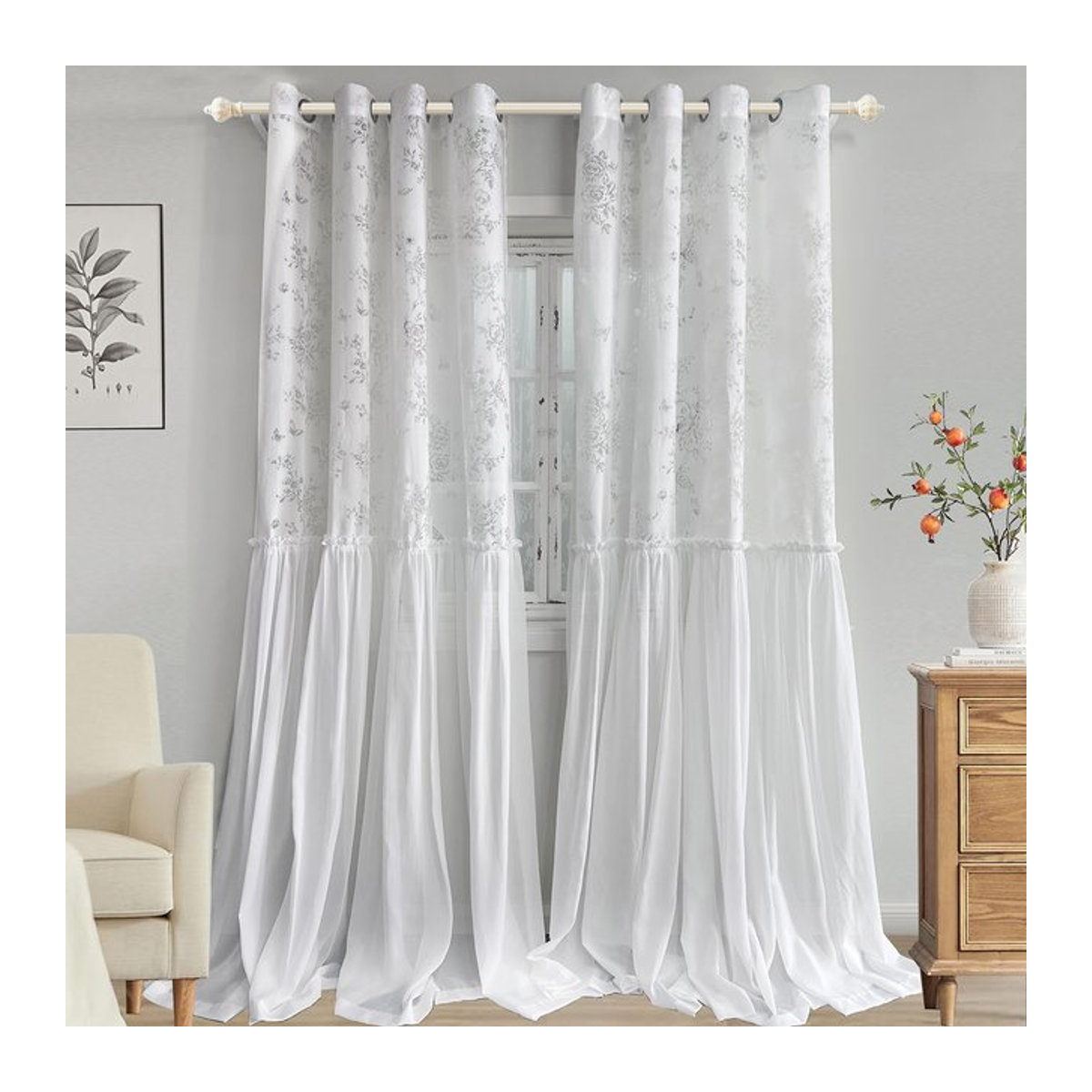 2-teiliges Tüll-Vorhangset mit Rosen- und Schmetterlingsmuster in Weiß, halbtransparente und elegante Vorhänge für Wohnzimmer und Schlafzimmer - Bild 1