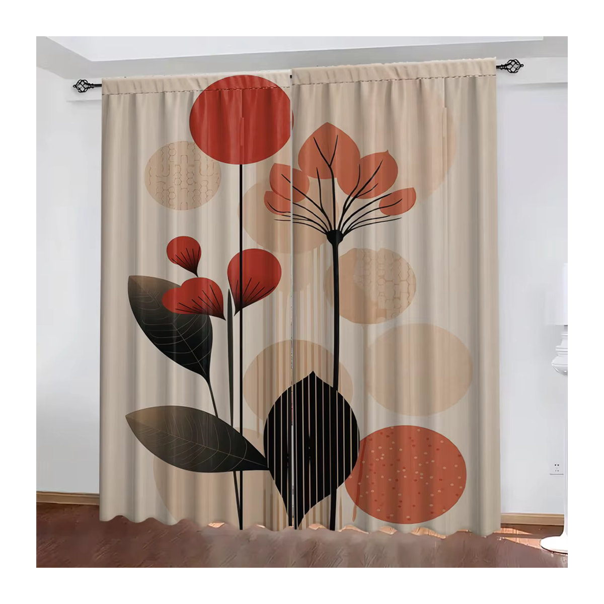 2-teiliges Vorhangset mit geometrischen Blättern und Landschaftsmotiv in Beige, lichtdurchlässig und beschattend für Küche, Café, Wohnzimmer oder Balkon - Bild 2