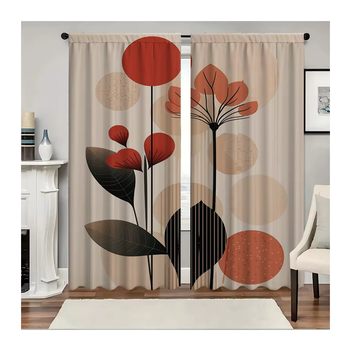 2-teiliges Vorhangset mit geometrischen Blättern und Landschaftsmotiv in Beige, lichtdurchlässig und beschattend für Küche, Café, Wohnzimmer oder Balkon - Bild 5