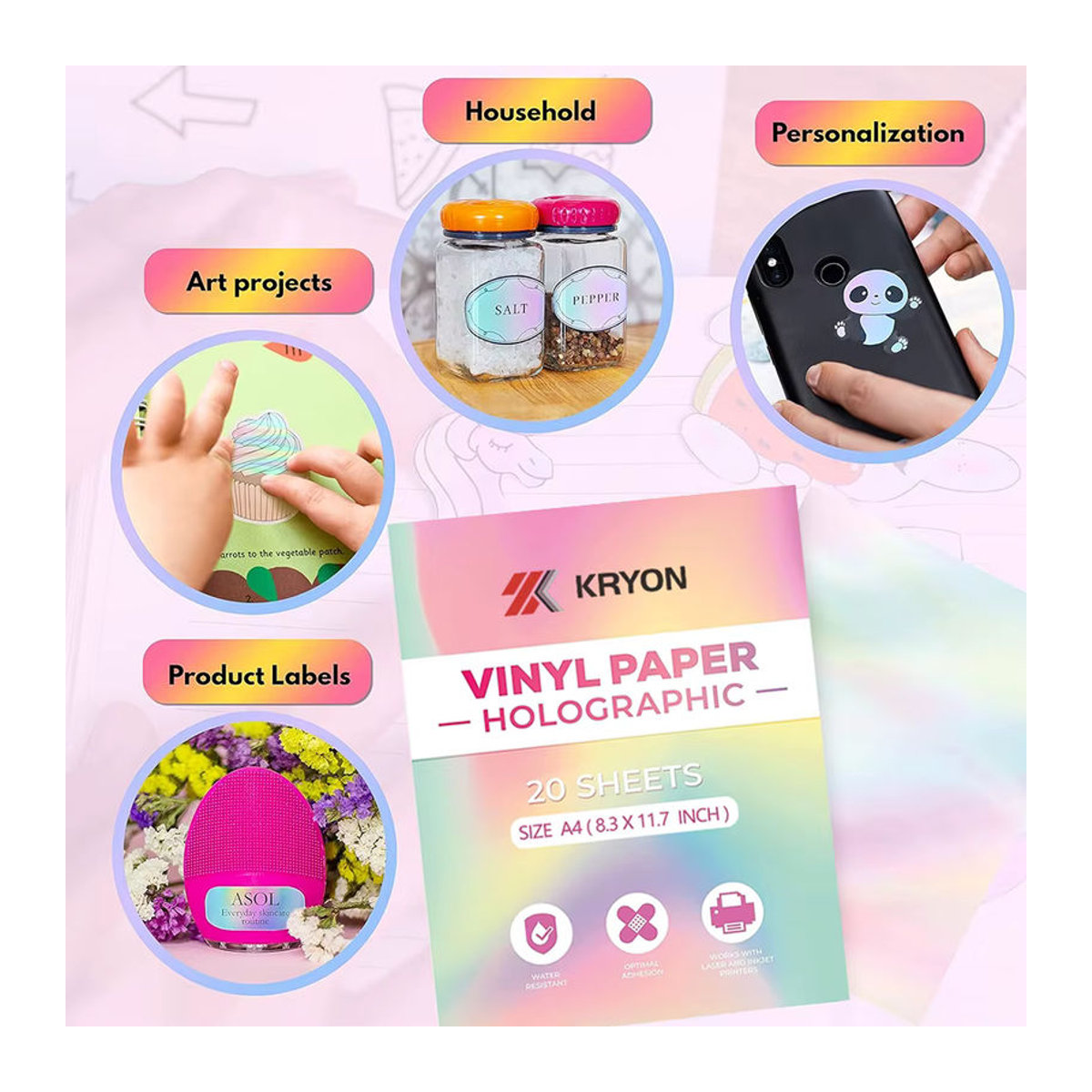 20 Blatt Regenbogen-Vinylaufkleberbögen in A4, selbstklebend, wasserdicht und mehrfarbig, kompatibel mit Tintenstrahl- und Laserdruckern - Bild 3