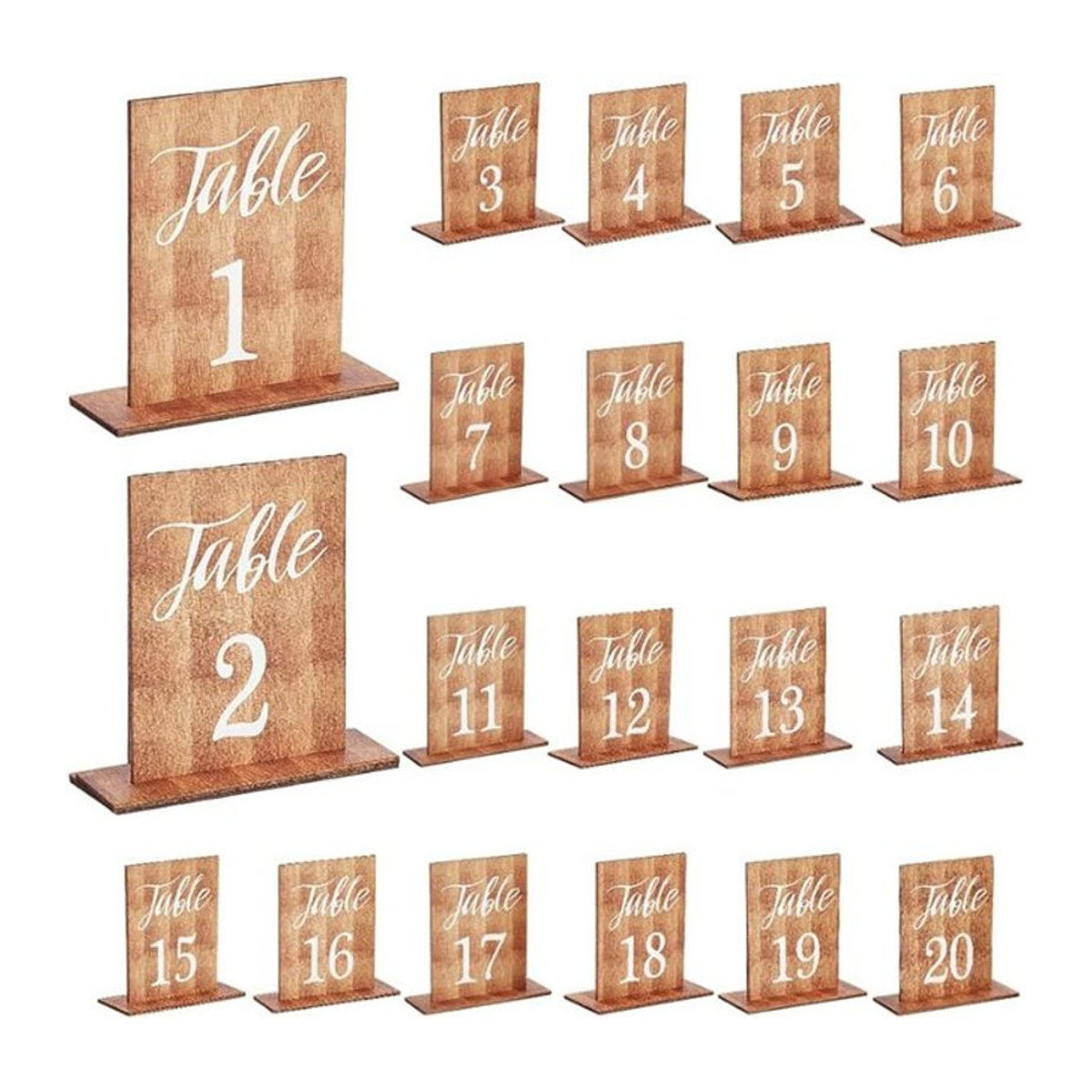20 Sets Rustikale Hochzeitstischnummern aus Holz in Braun mit Holzsockel, Rechteckige Tischdekoration für den Empfang - Bild 1
