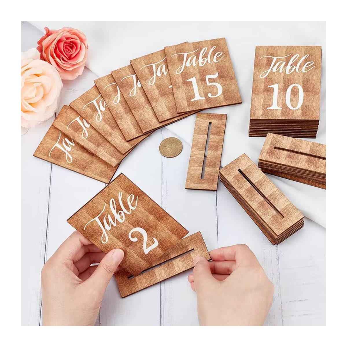20 Sets Rustikale Hochzeitstischnummern aus Holz in Braun mit Holzsockel, Rechteckige Tischdekoration für den Empfang - Bild 3