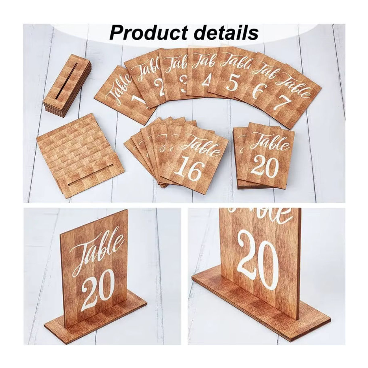 20 Sets Rustikale Hochzeitstischnummern aus Holz in Braun mit Holzsockel, Rechteckige Tischdekoration für den Empfang - Bild 4