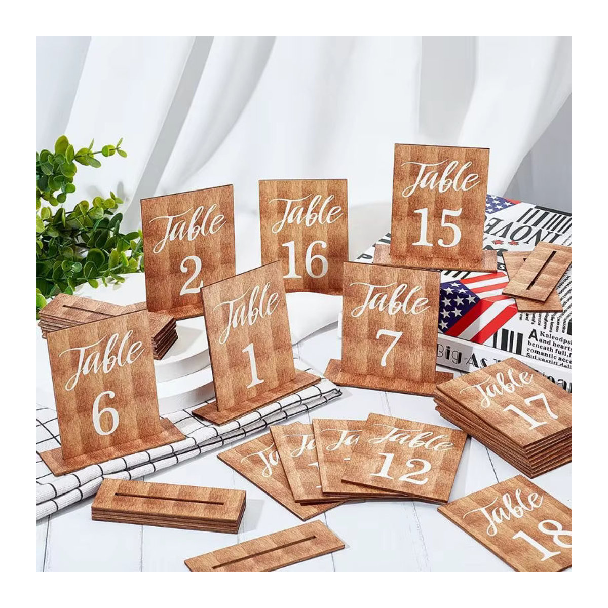 20 Sets Rustikale Hochzeitstischnummern aus Holz in Braun mit Holzsockel, Rechteckige Tischdekoration für den Empfang - Bild 5