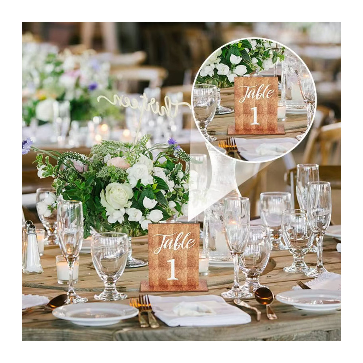 20 Sets Rustikale Hochzeitstischnummern aus Holz in Braun mit Holzsockel, Rechteckige Tischdekoration für den Empfang - Bild 6
