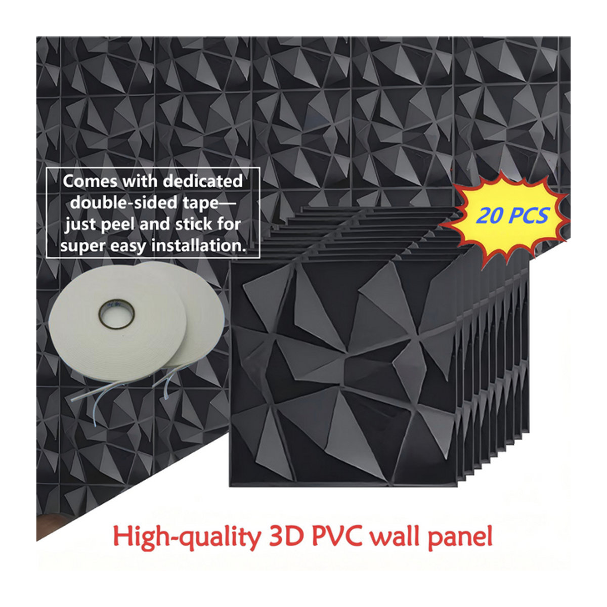 20 Stück 3D-Wandpaneele in Schwarz, geometrisches Design aus Kunststoff, B/H: 30 x 30 cm, moderne Wanddekoration für Wohnzimmer, Schlafzimmer, Hotel und Büro - Bild 1
