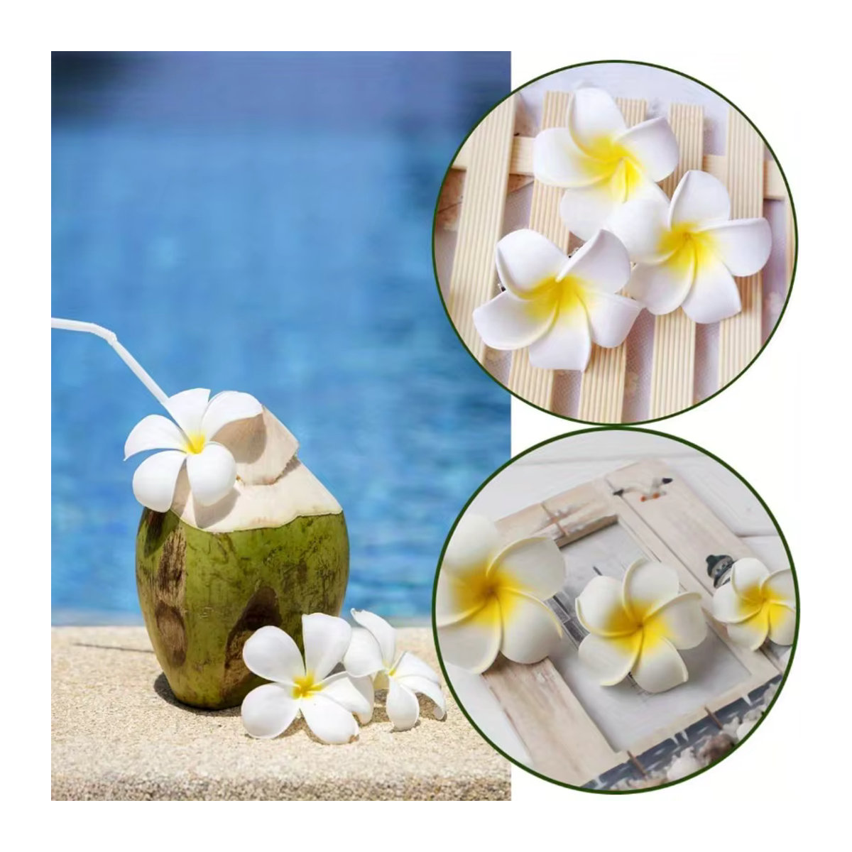 20 Stück CYZIWEIN Künstliche Plumeria Frangipani Blumen aus Schaumstoff in Weiß für DIY Haar-Accessoires, Hochzeiten und Strand-Dekoration, Größe: 6-9 cm - Bild 4