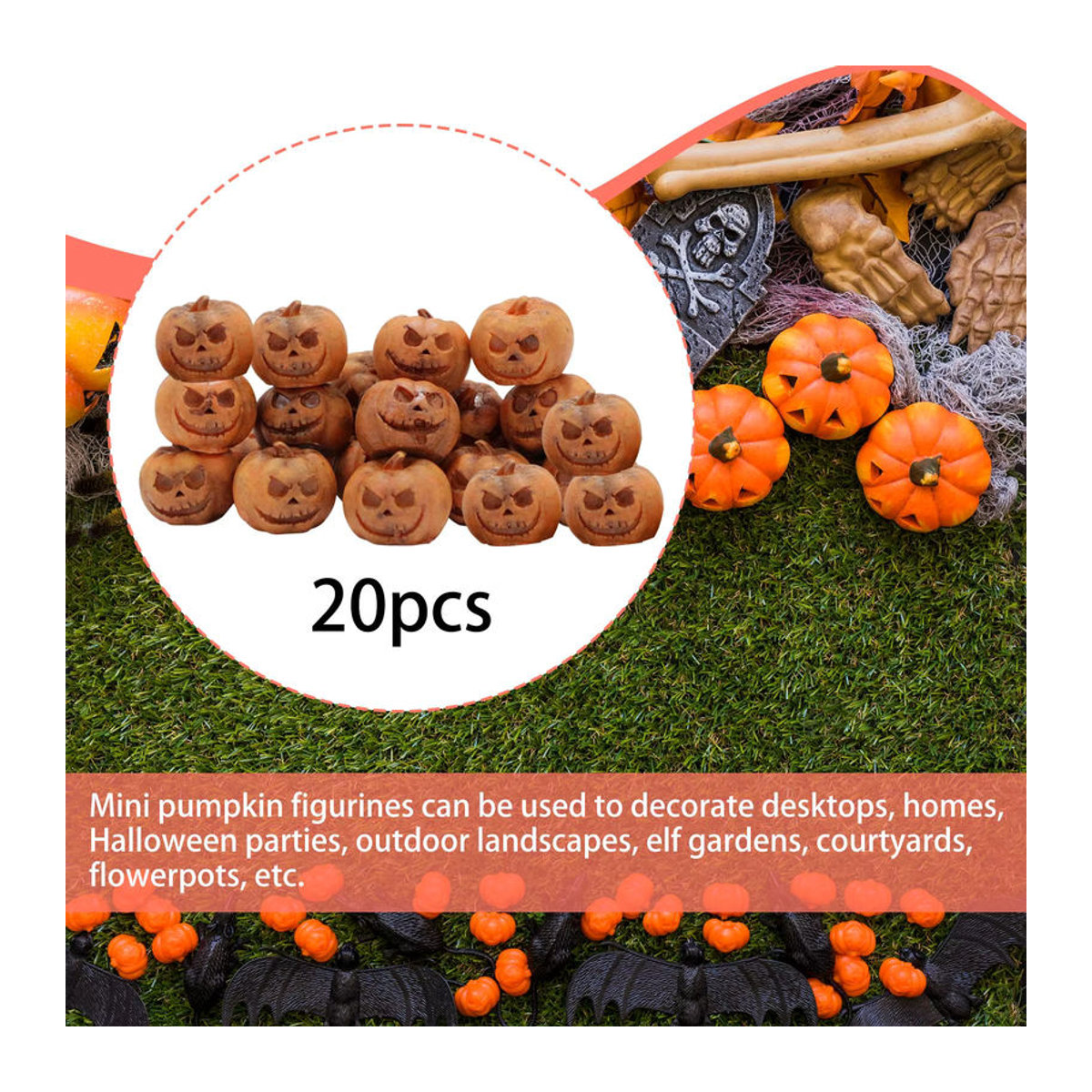 20 Stück homyl Halloween Kürbis Figuren aus Kunstharz in Orange zur Dekoration für Feengärten und Wohnzimmer - Bild 1