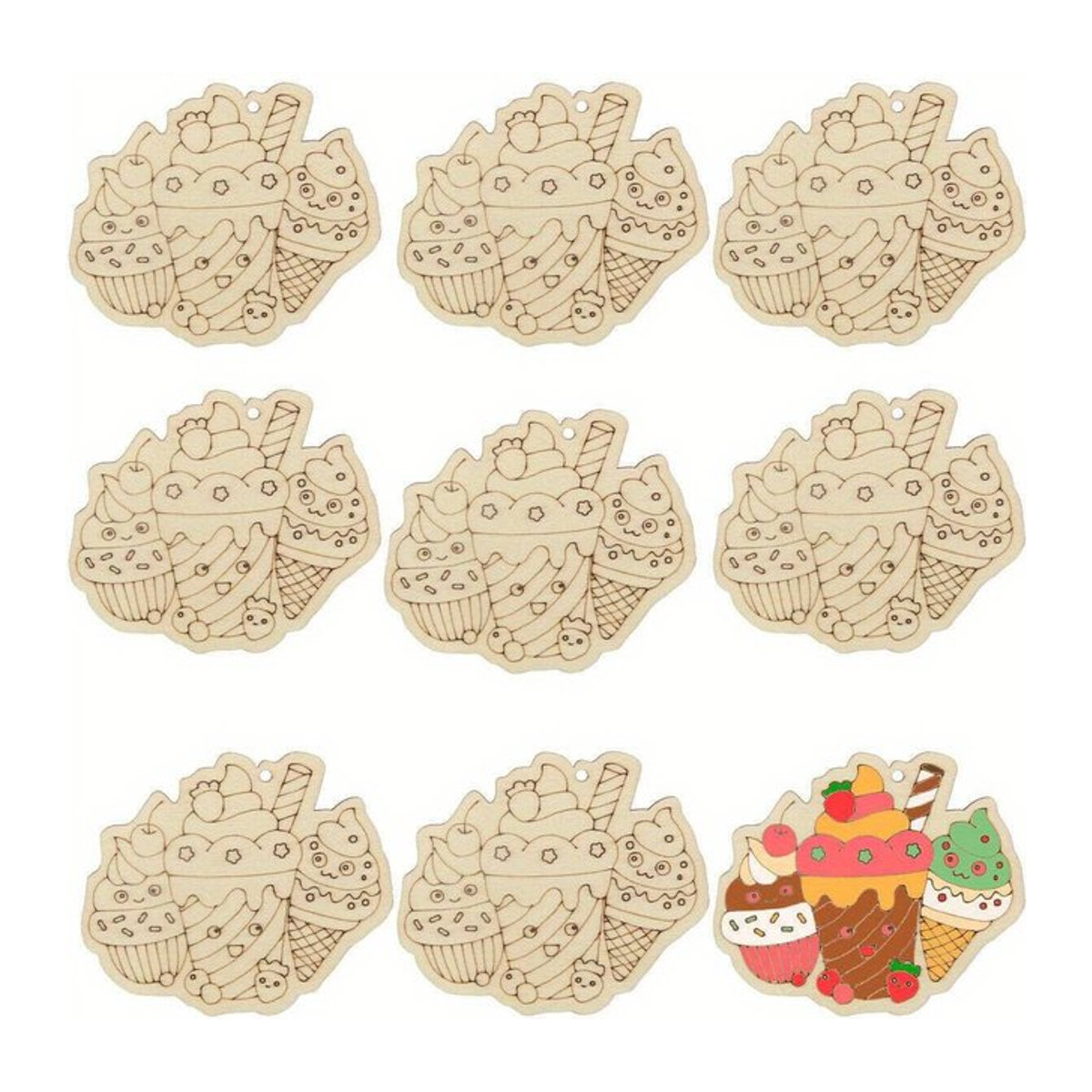 20 Stück unbemalte Holz-Ornamente in Cupcake-Optik für Kinder zum Basteln und als hängende Dekoration für Geburtstage, beige - Bild 1