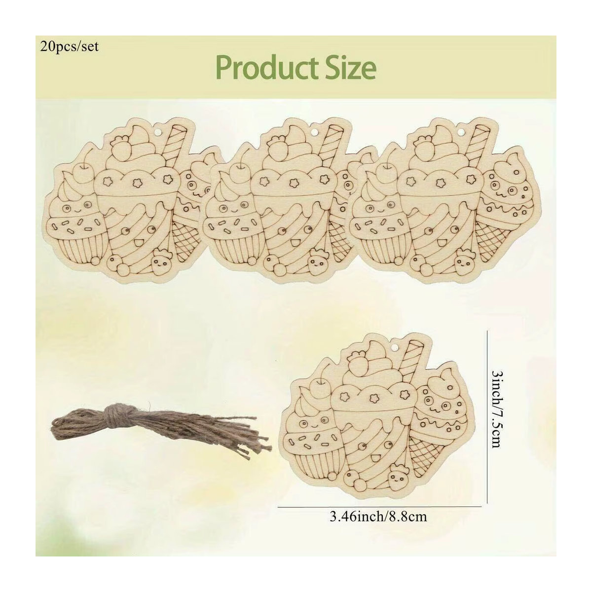 20 Stück unbemalte Holz-Ornamente in Cupcake-Optik für Kinder zum Basteln und als hängende Dekoration für Geburtstage, beige - Bild 2