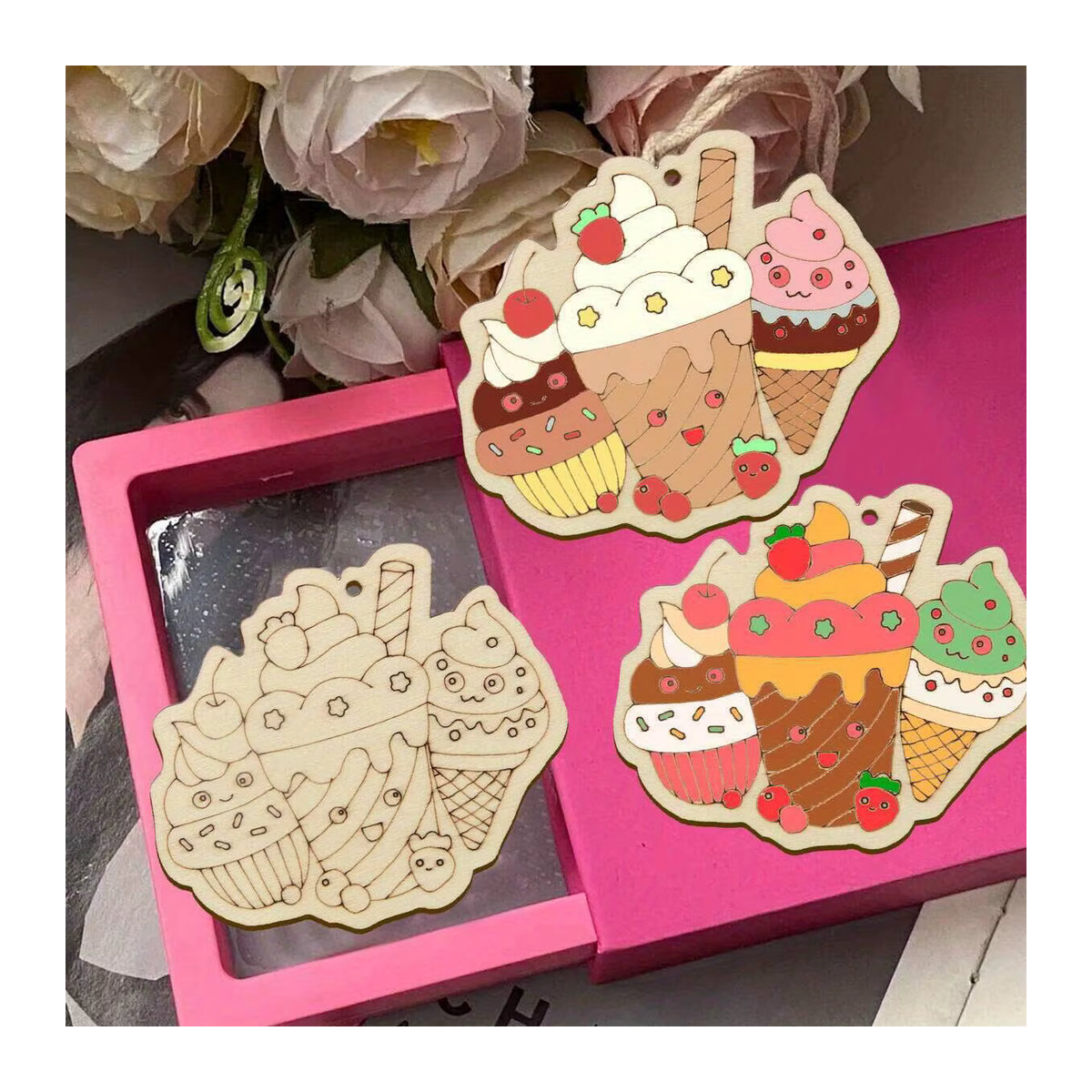 20 Stück unbemalte Holz-Ornamente in Cupcake-Optik für Kinder zum Basteln und als hängende Dekoration für Geburtstage, beige - Bild 3