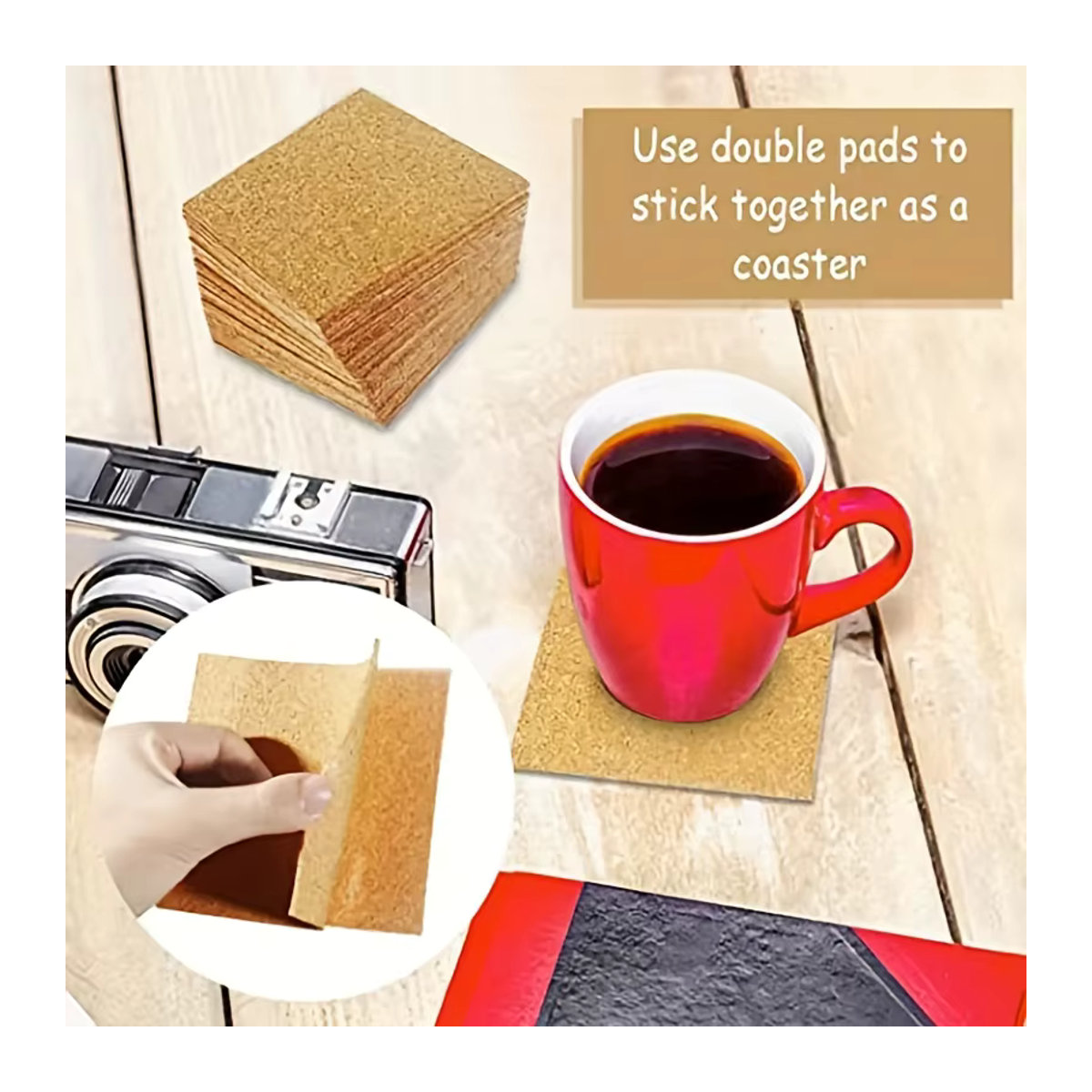 20-teiliges Set selbstklebende Korkuntersetzer in Braun, rund und minimalistisch gestaltet - Bild 3