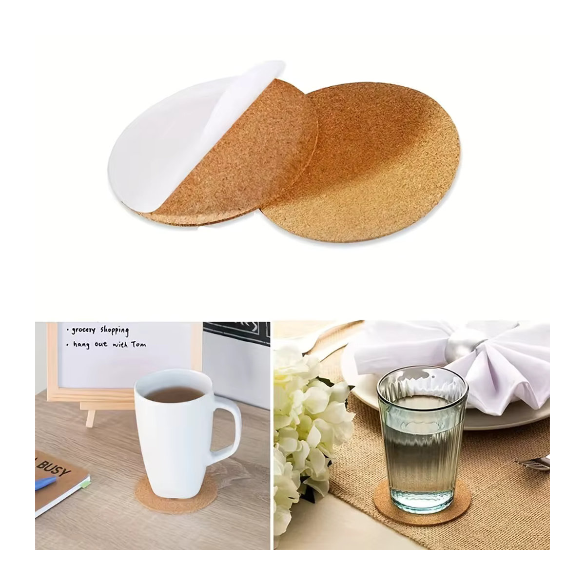 20-teiliges Set selbstklebende Korkuntersetzer in Braun, rund und minimalistisch gestaltet - Bild 5