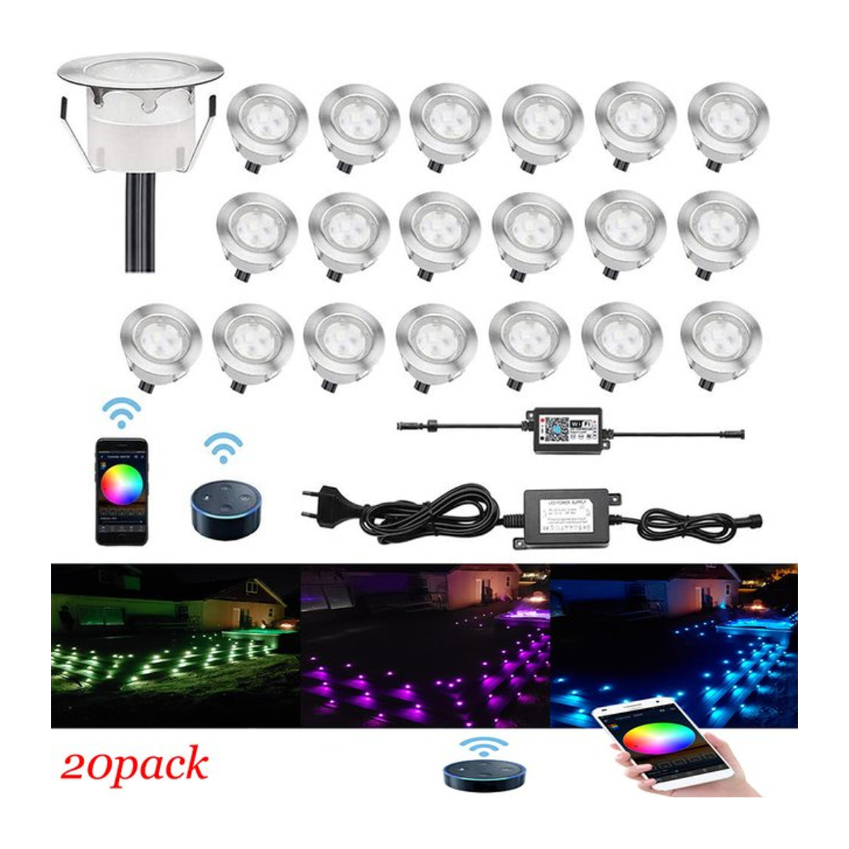 20er-Pack QACA LED WIFI RGB Außenbeleuchtung für Terrasse und Garten in Silber, Einbau-Treppenbeleuchtung DC12V 1W, Durchmesser: 45 mm - Bild 1