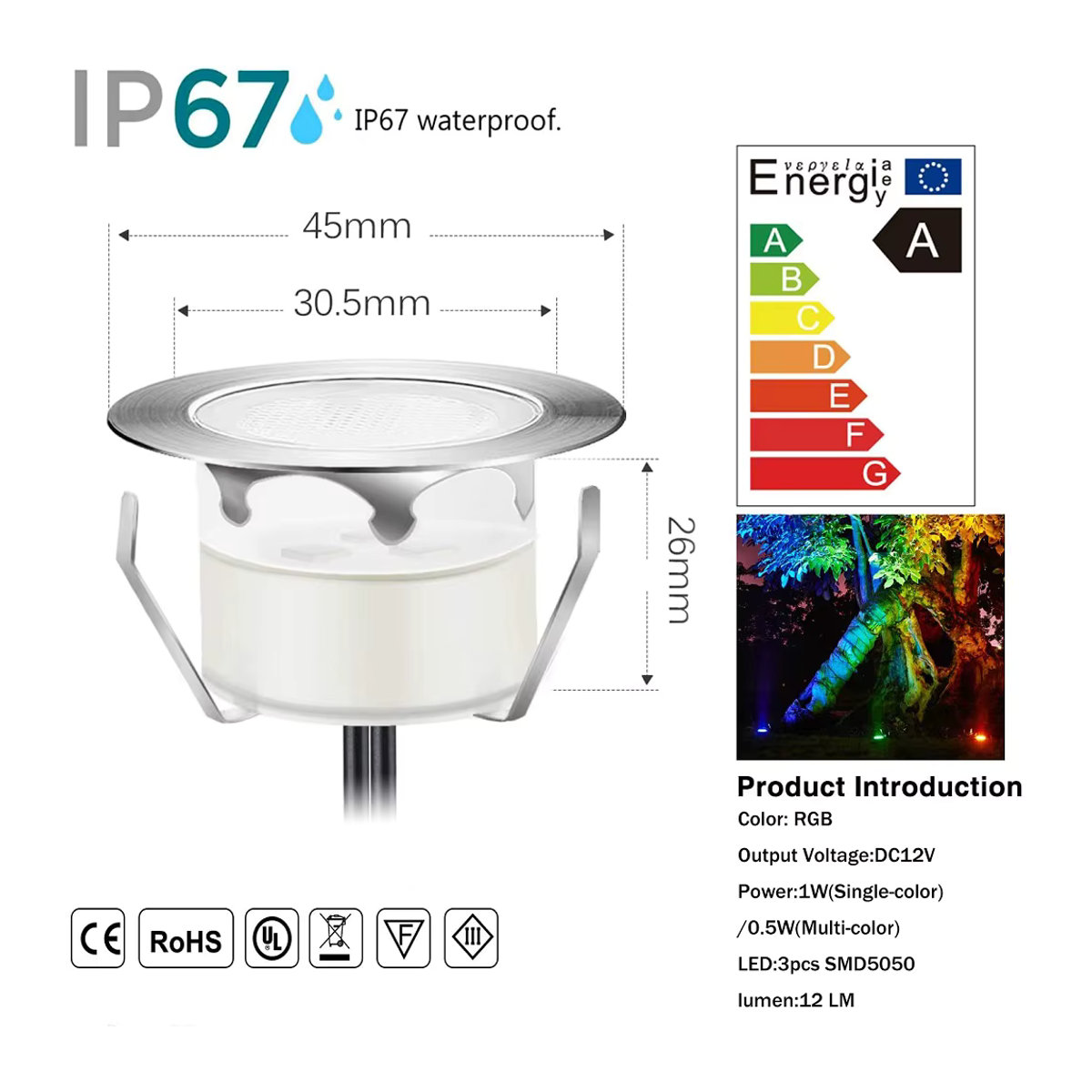 20er-Pack QACA LED WIFI RGB Außenbeleuchtung für Terrasse und Garten in Silber, Einbau-Treppenbeleuchtung DC12V 1W, Durchmesser: 45 mm - Bild 4