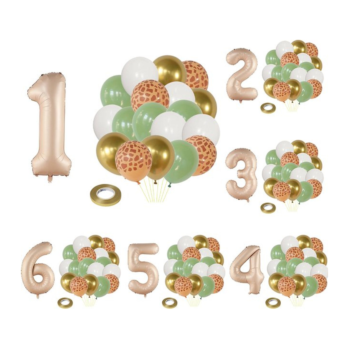 20er Set Dschungel Tier Party Dekoration mit Salbei Grün und Karamell Folienballons Zahlen 0-9 für Geburtstag und Baby Shower von LQVYI - Bild 1