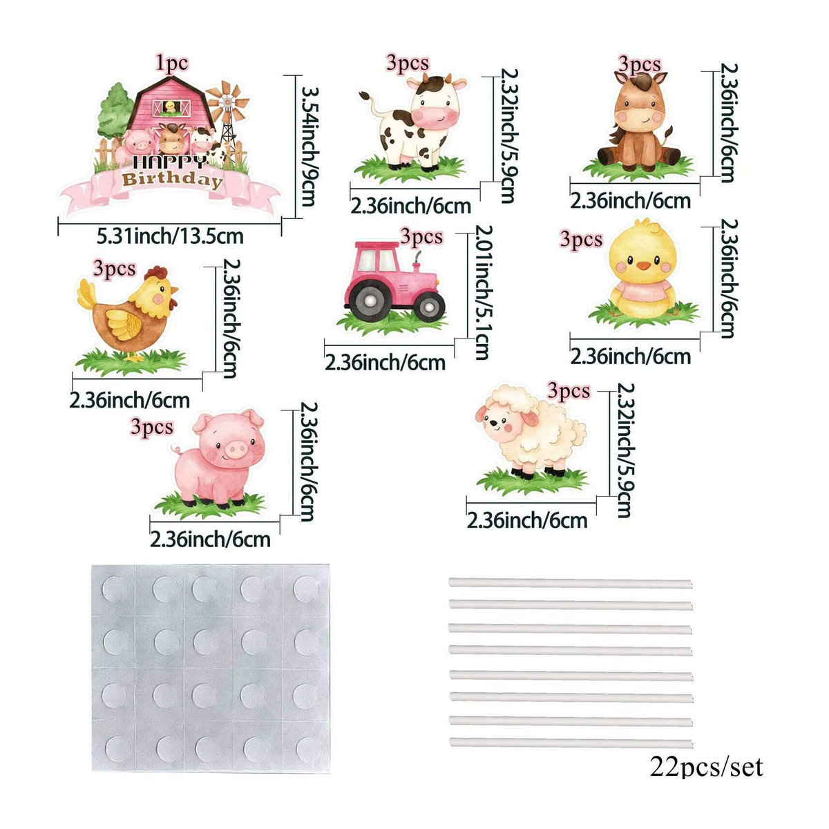 22 Stück Bauernhof Tier Kuchen Topper Set mit Schaf, Schwein und Kuh für Kindergeburtstage und Party-Dekoration, mehrfarbig aus Papier - Bild 2